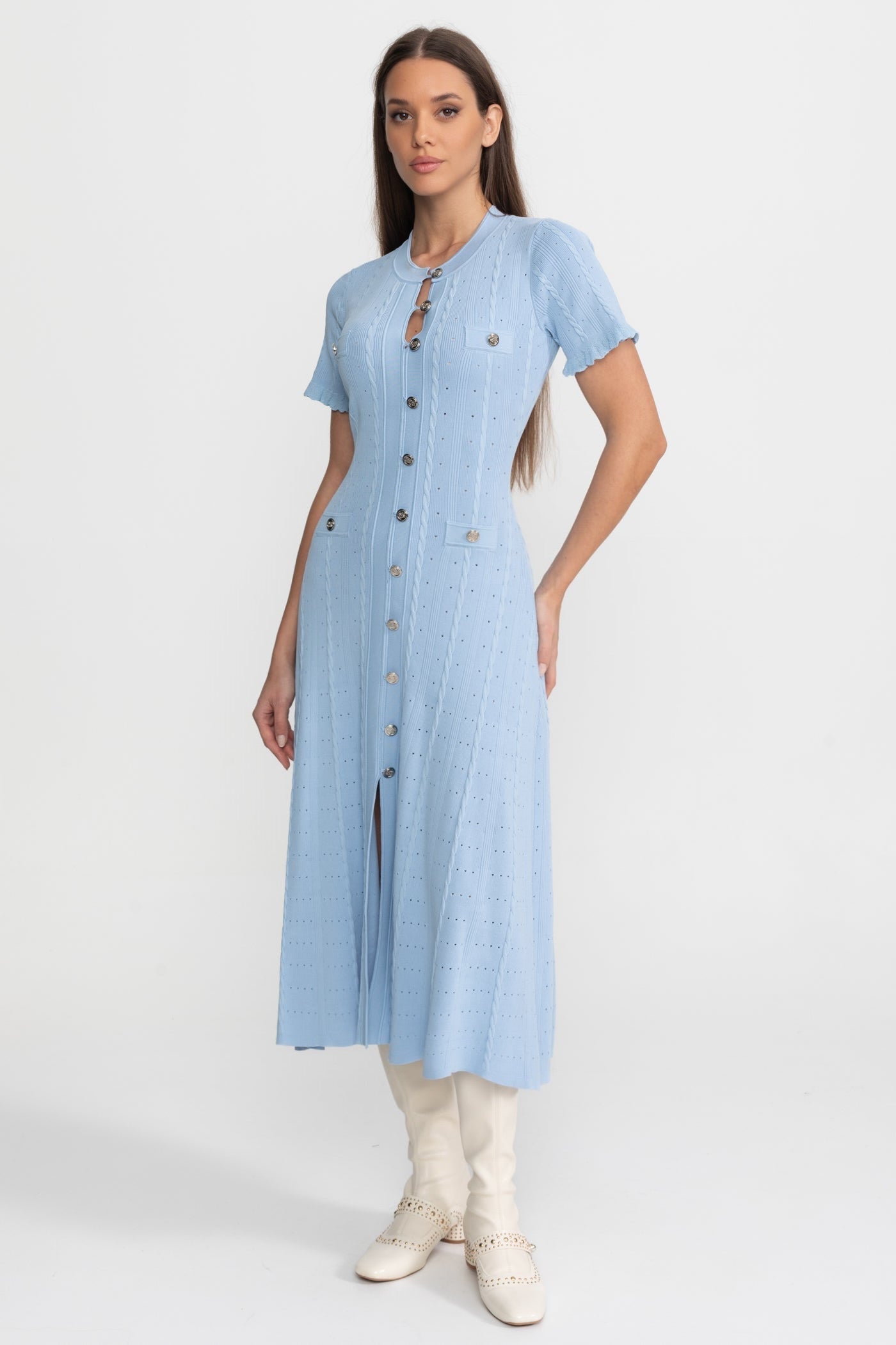 Knit Button-Front Midi Dress with Scalloped Sleeves – Baby Blue - ICYBOO