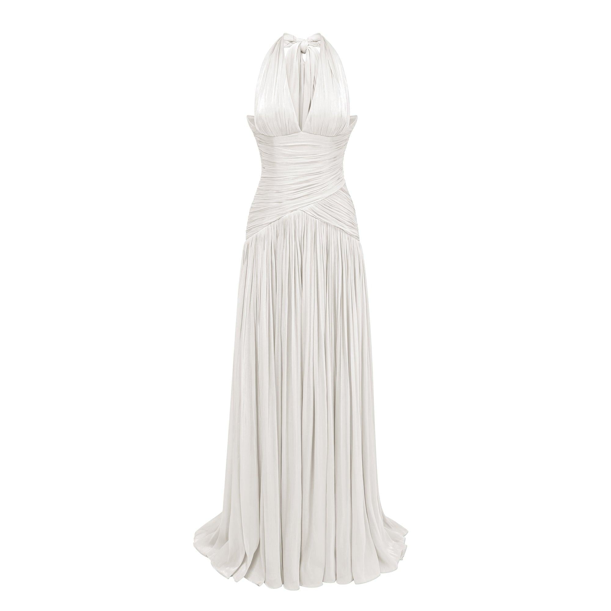 Verdelune Halter Pleated Slit Maxi Dress