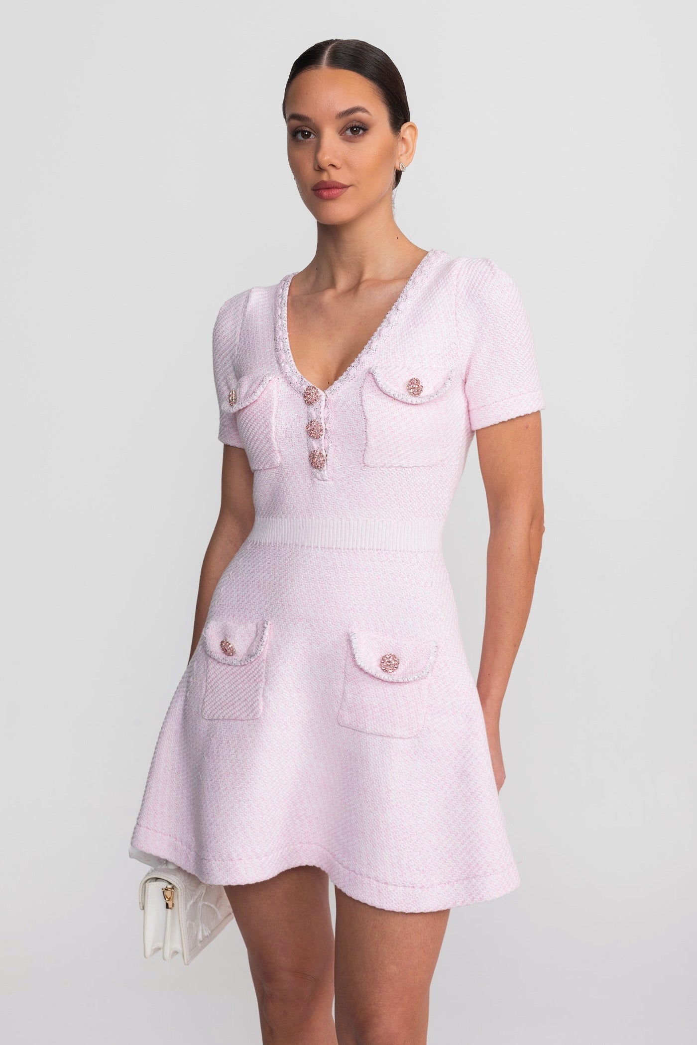 Textured Short Sleeve Mini Dress With V-Neckline And Jewel Buttons - Pink - ICYBOO