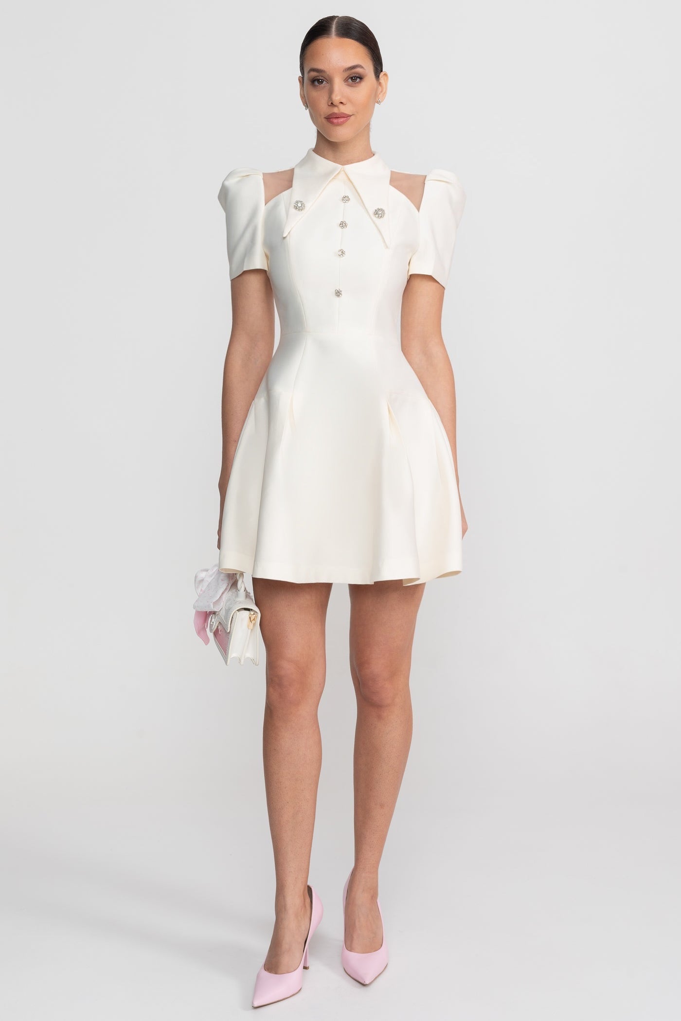 Puff Sleeve Mini Dress With Pointed Collar And Crystal Button Front - Ivoire - ICYBOO