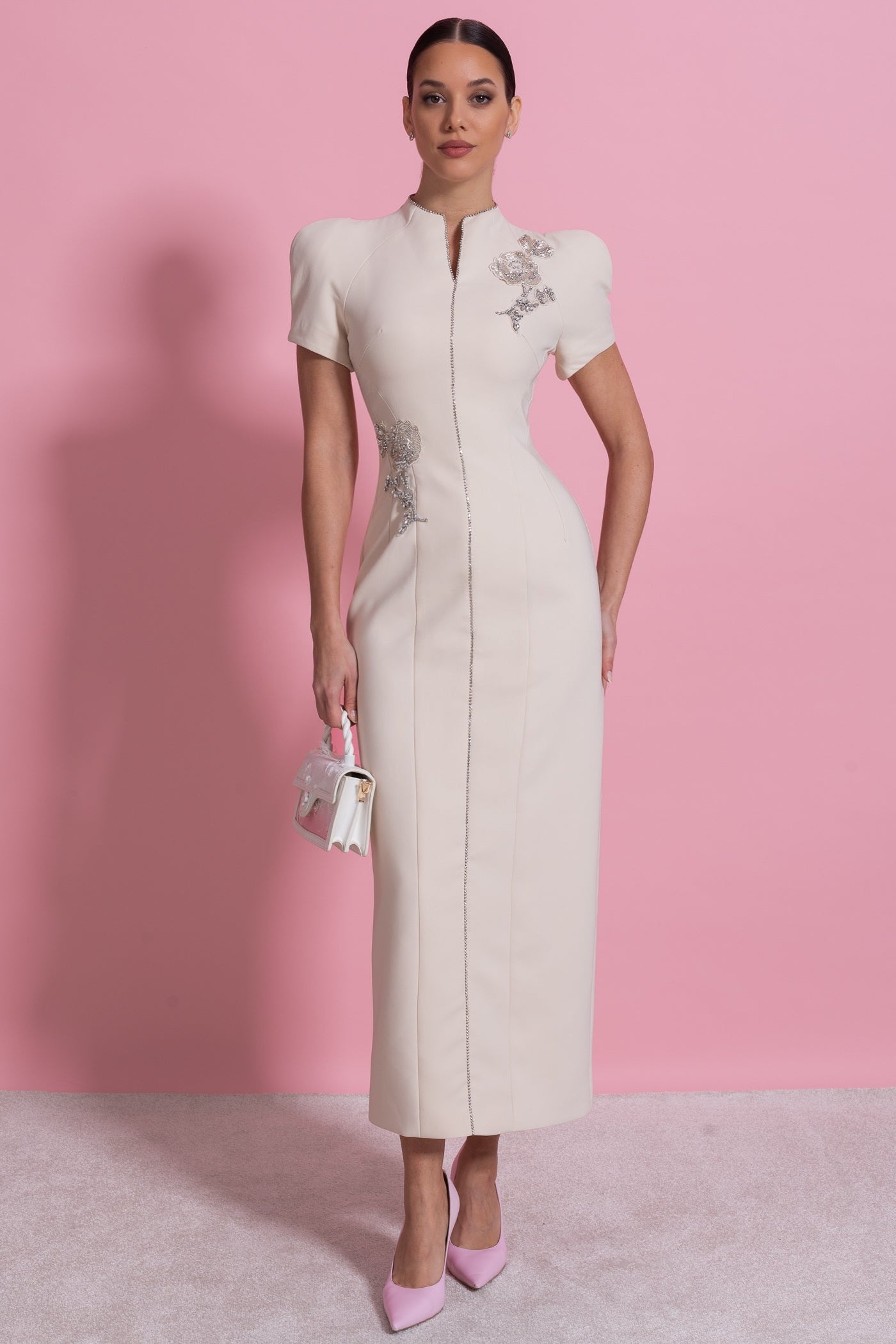 Short Sleeve Midi Dress With High Split Neckline And Sparkling Embellishments - Ivoire - ICYBOO