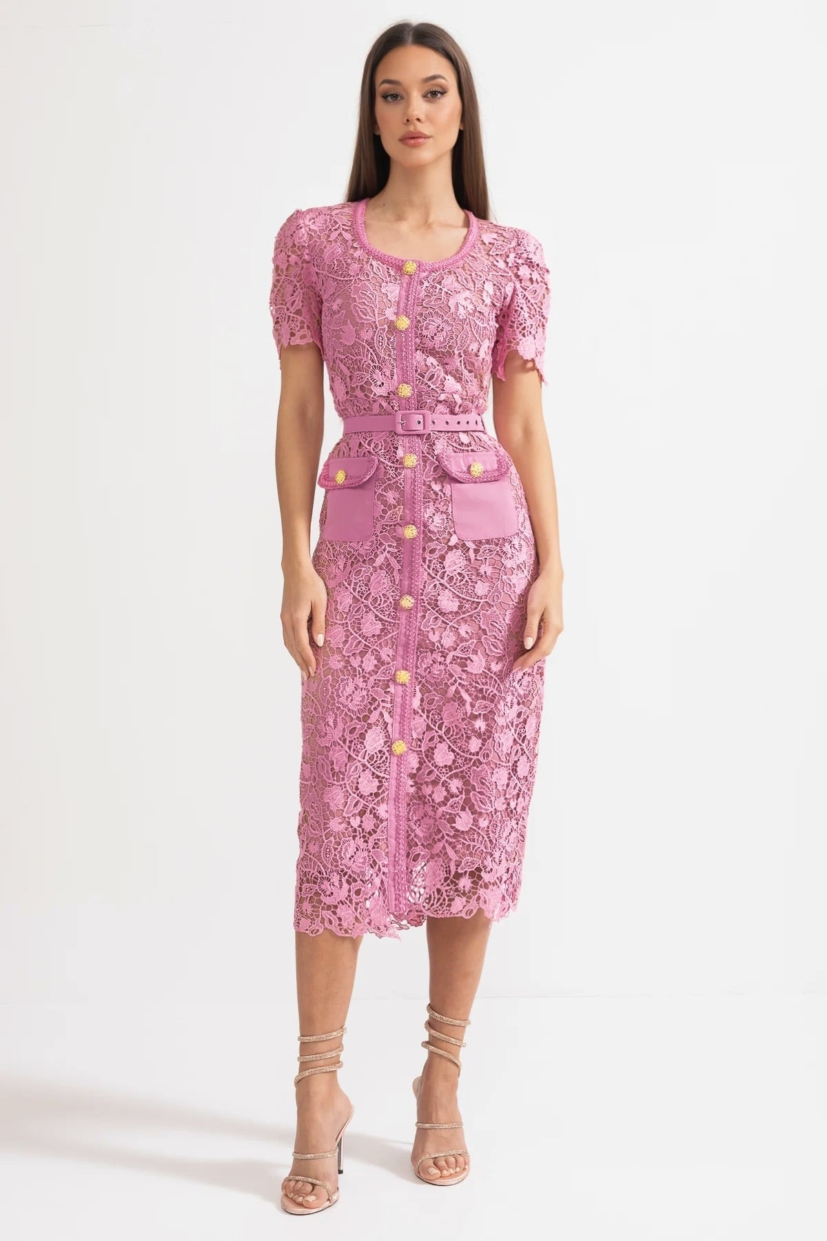 Exquisite Short Sleeve Lace Midi Dress - Rose - ICYBOO