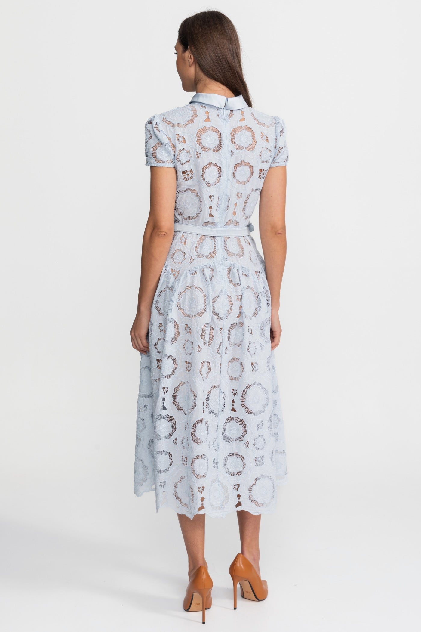 Floral Lace Midi Dress with Belted Waist – Light Blue - ICYBOO