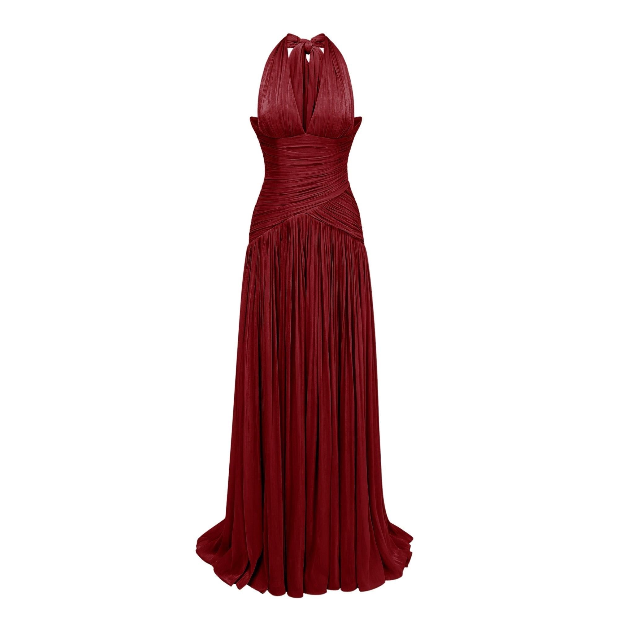 Verdelune Halter Pleated Slit Maxi Dress
