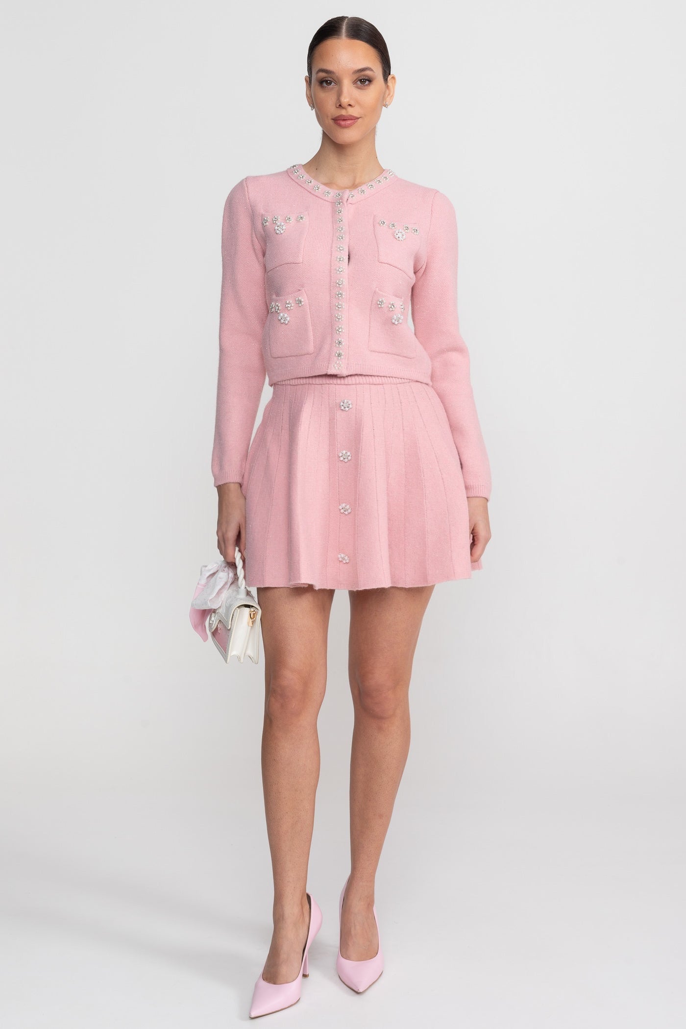 Knit Co-Ord Set With Long Sleeve Cardigan And Matching Mini Skirt - Blush Pink - ICYBOO