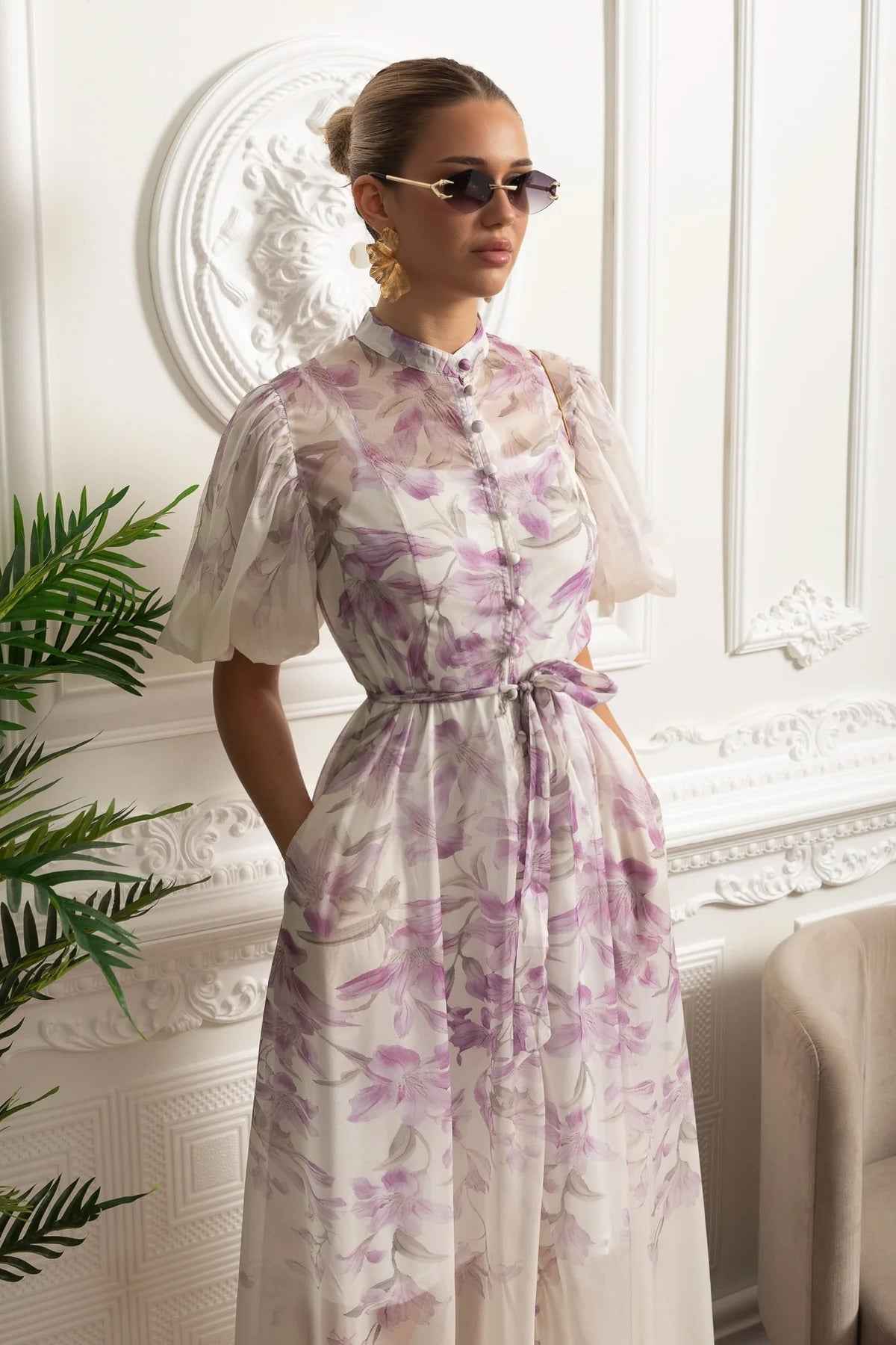 Sheer Silk Botanical | FLORAL PUFF-SLEEVE MIDI SUMMER DRESS