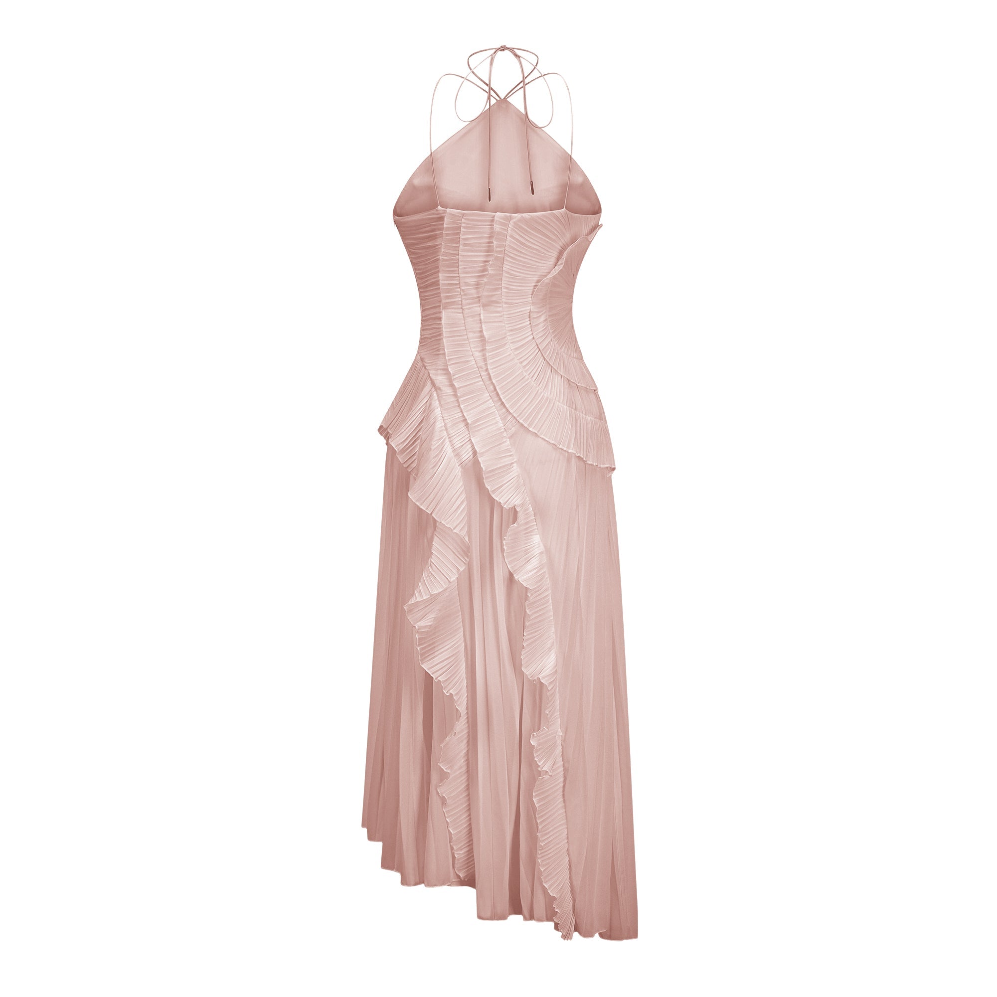 Doux Pink Ruffled Trim Pleated Midi Dress - ICYBOO