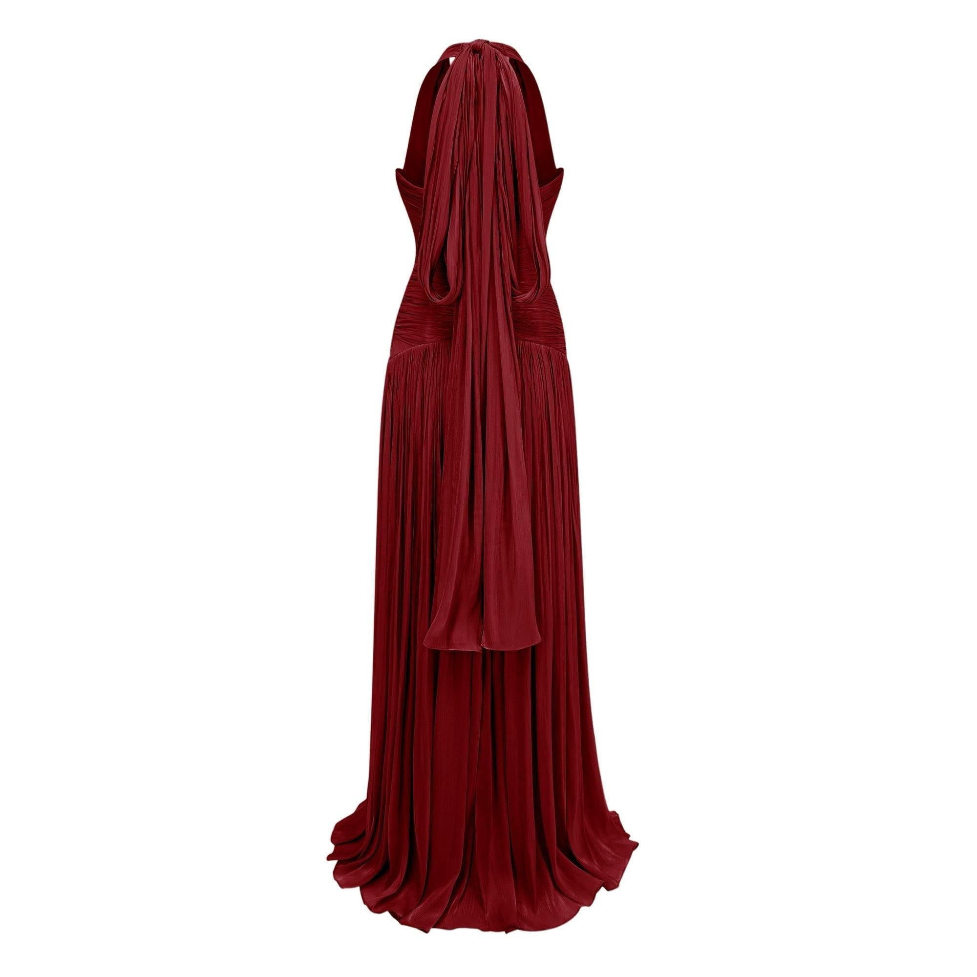 Verdelune Halter Pleated Slit Maxi Dress