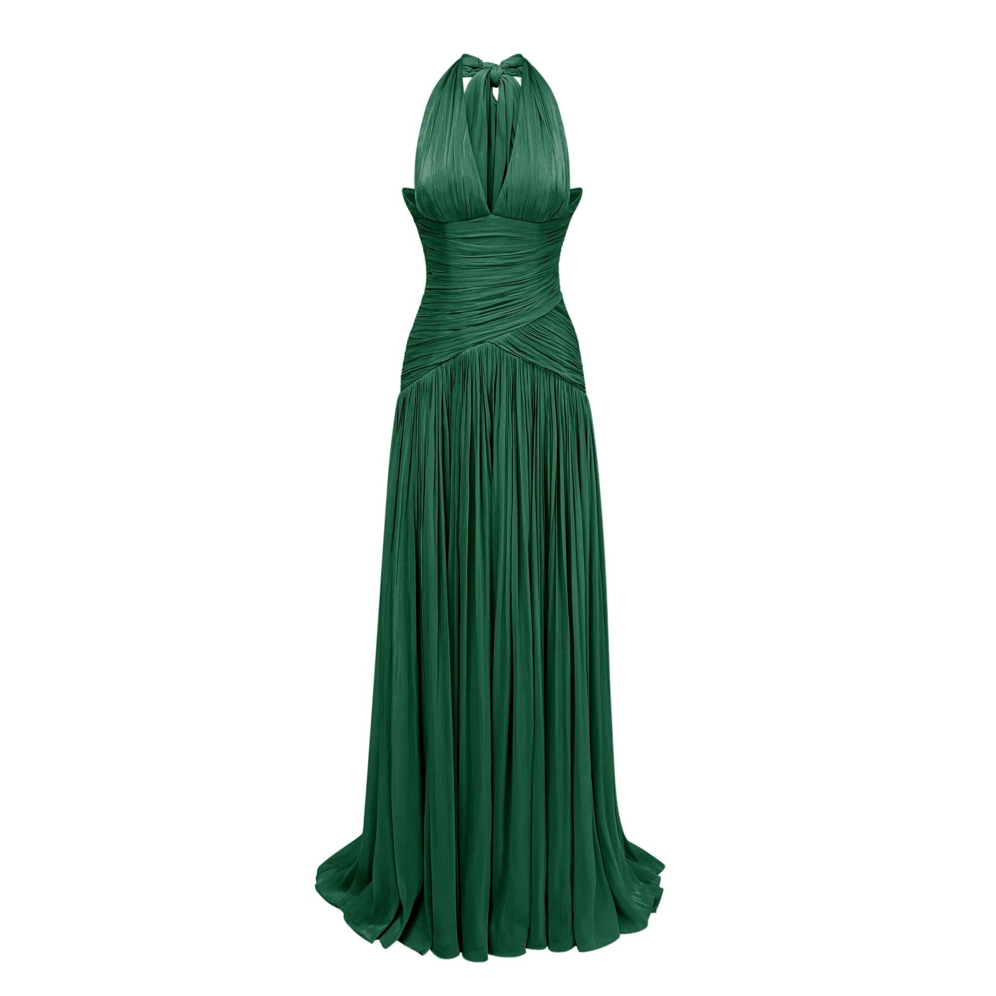 Verdelune Halter Pleated Slit Maxi Dress