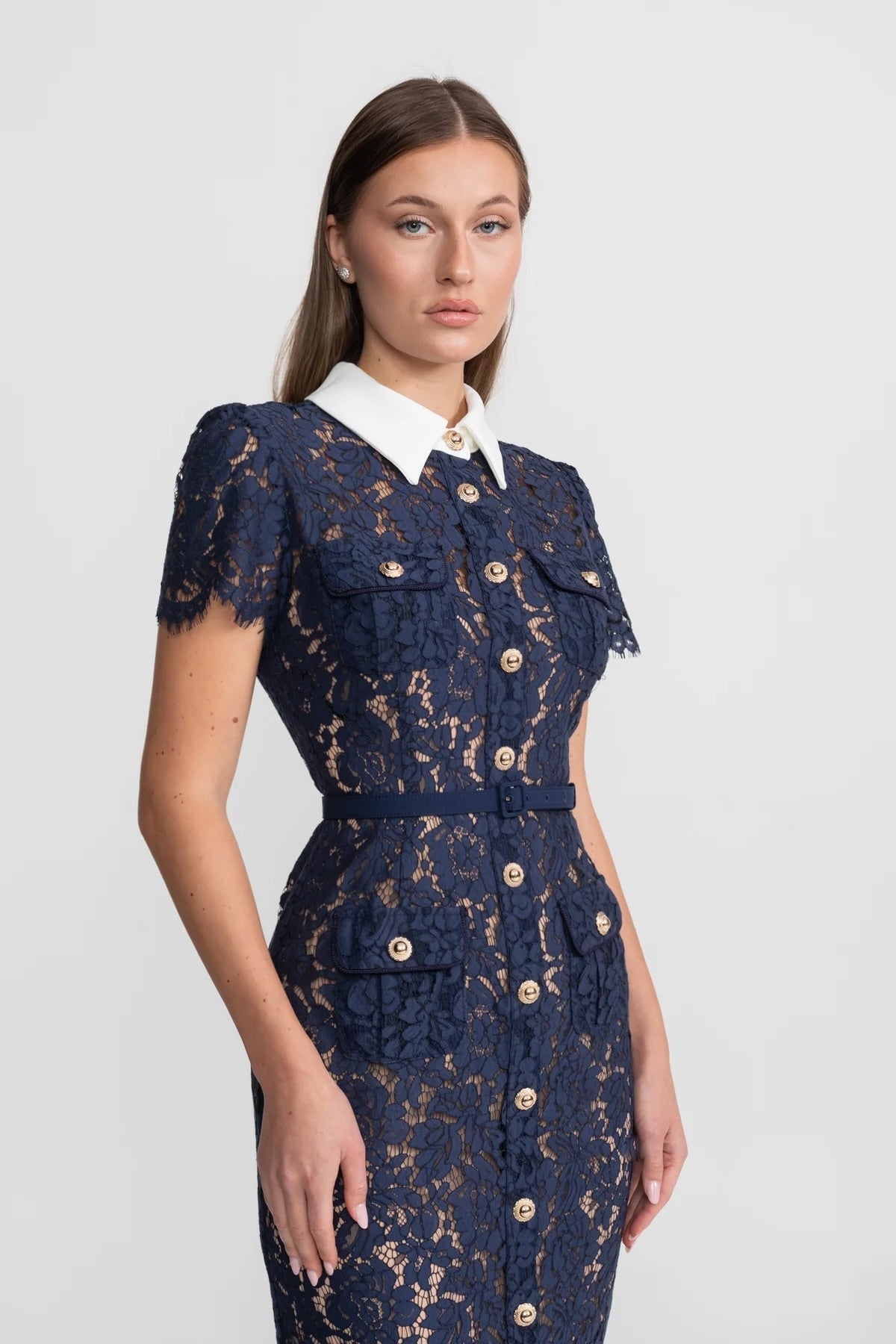 Floral Lace Midi Dress with Tailored Collar and Belted Waist - Navy - ICYBOO
