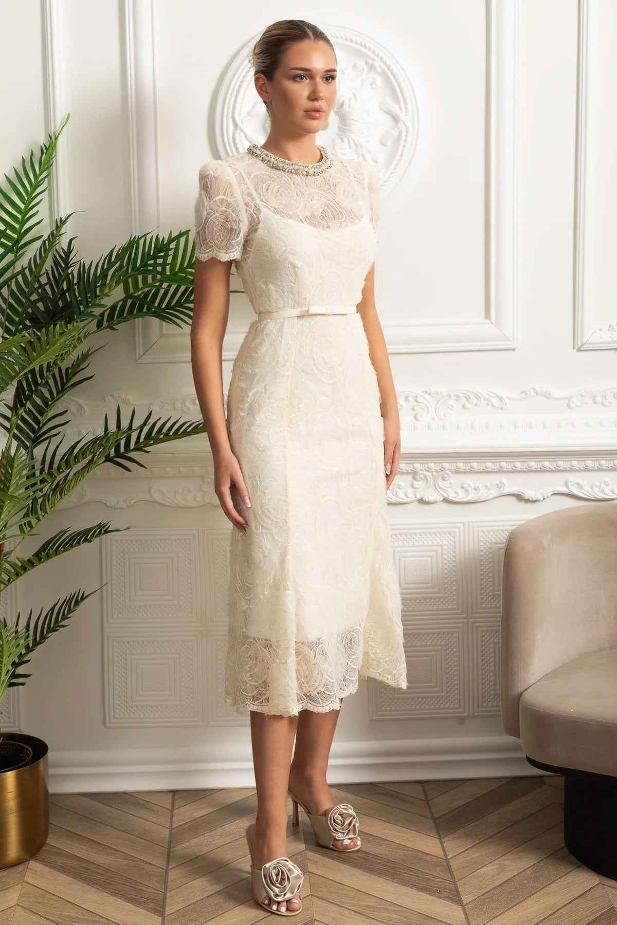 Ivoire | LACE FLORAL MIDI COCKTAIL PARTY DRESS