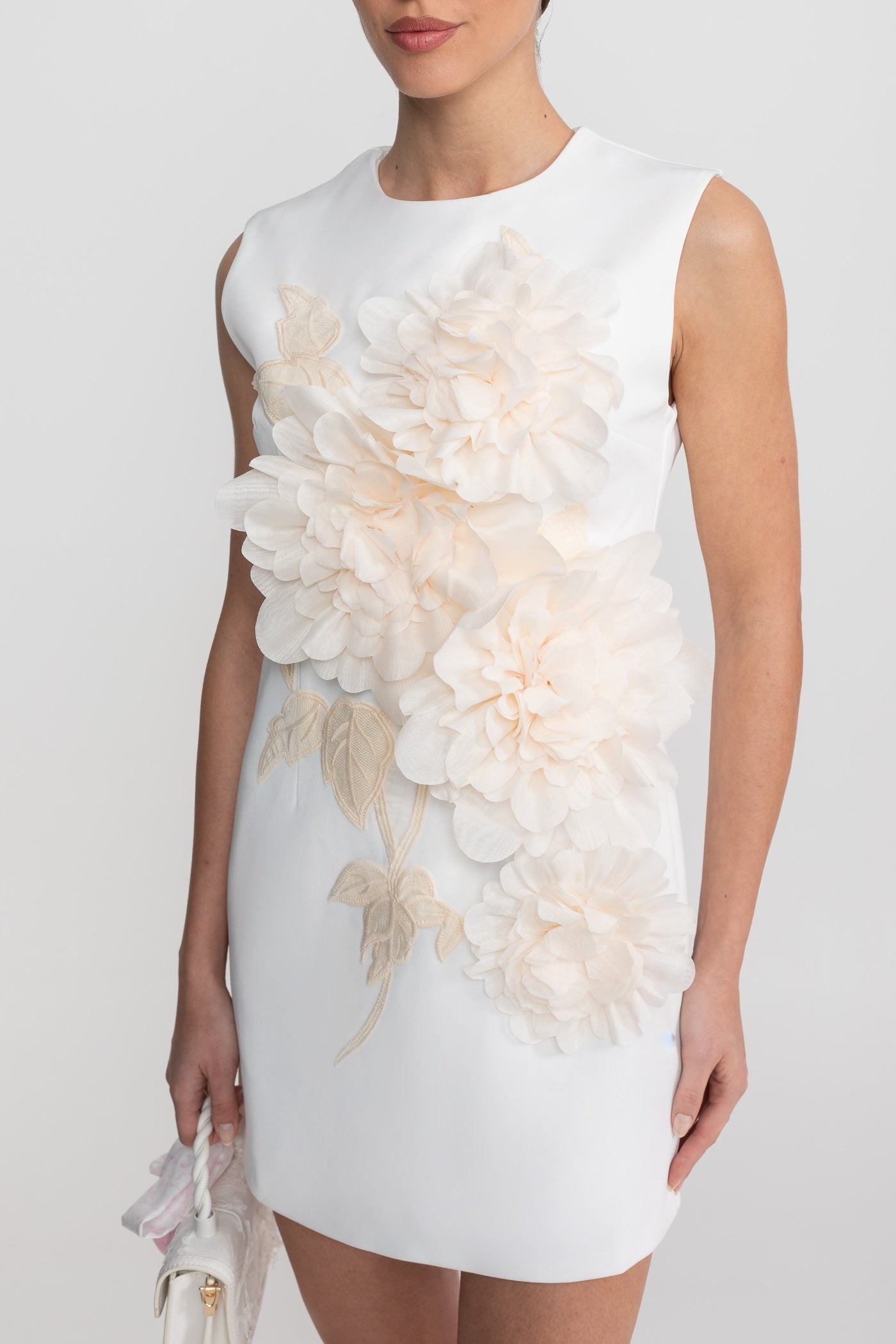 Sleeveless Mini Dress With Round Neckline And 3D Floral Appliqué - White - ICYBOO