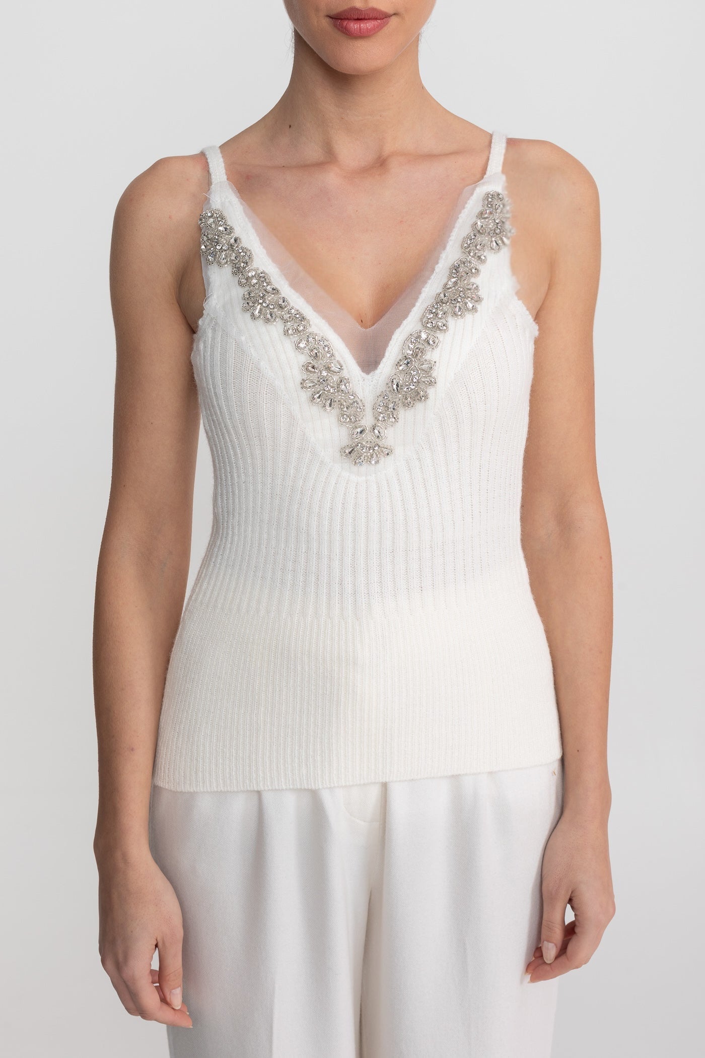 Knit Two Piece Set With Crystal Embellishments And Trim Cuffs - White - ICYBOO