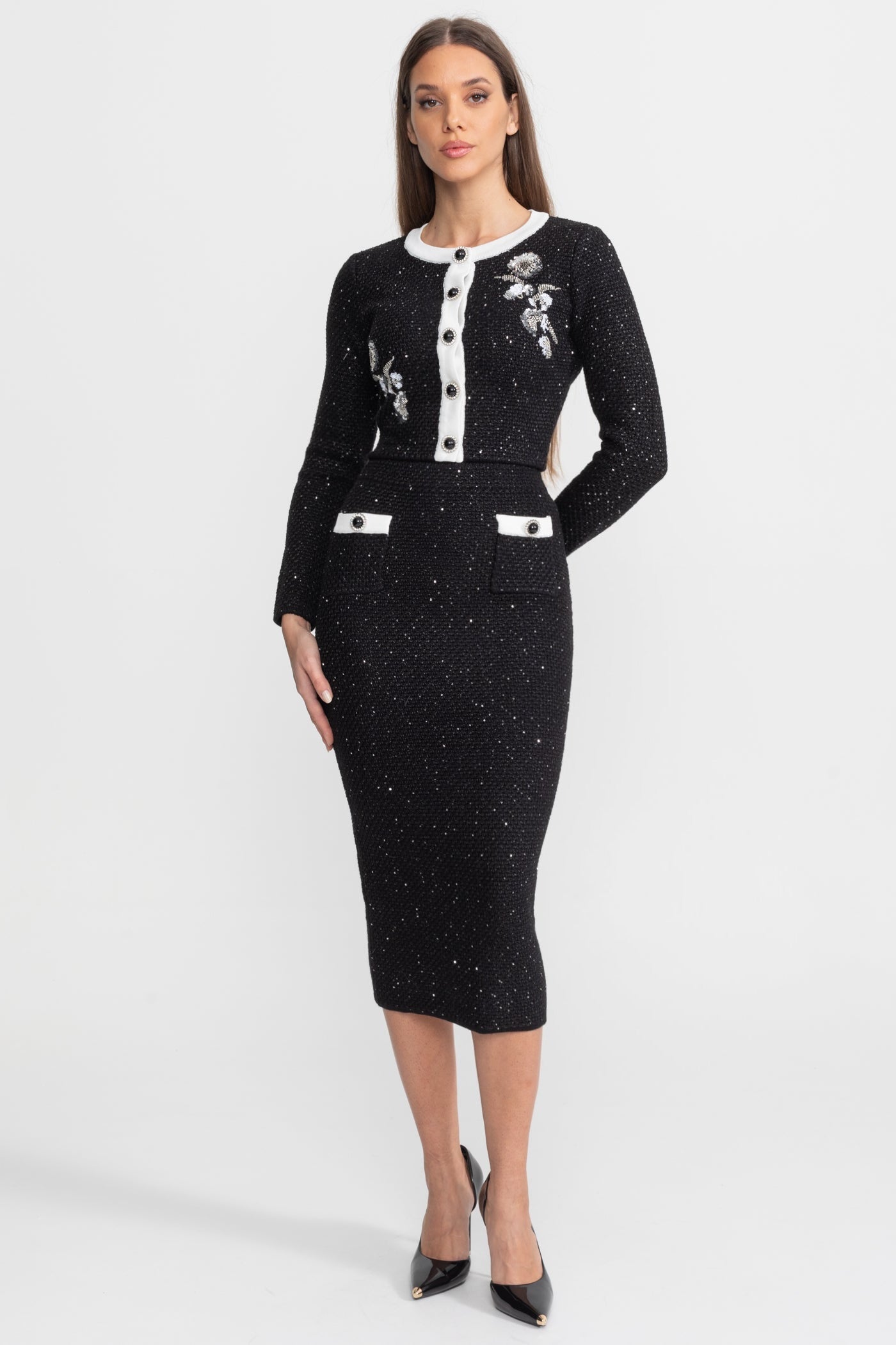 Embroidered Tweed Knit Co-Ord Set with Contrast Trim – Black - ICYBOO
