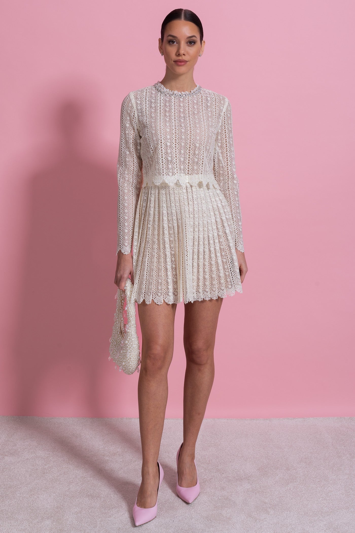 Lace Mini Dress With High Neckline And Pleated Skirt - Ivoire - ICYBOO