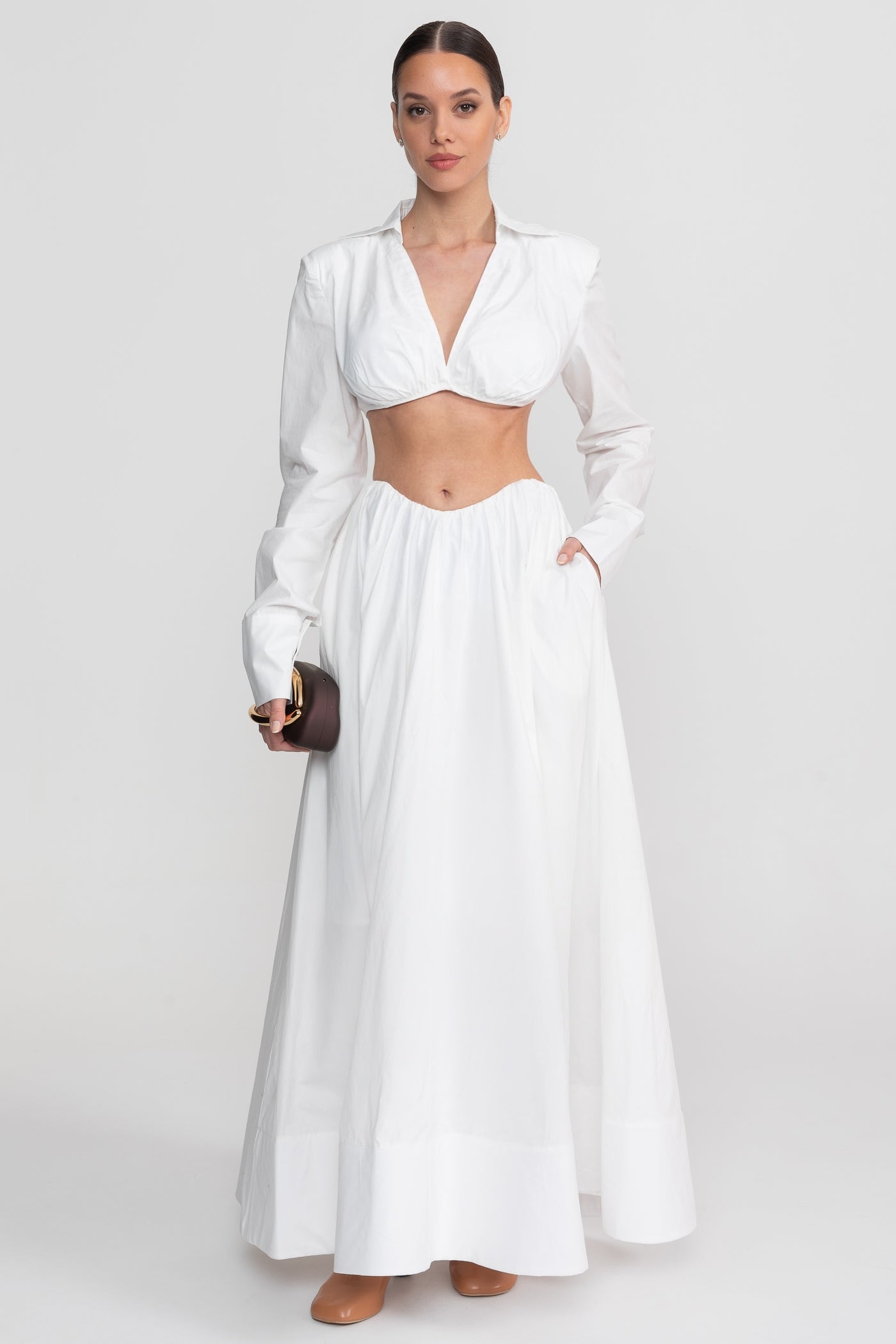 Long Sleeve Co-Ord Set With Cropped Underbust Top - White - ICYBOO