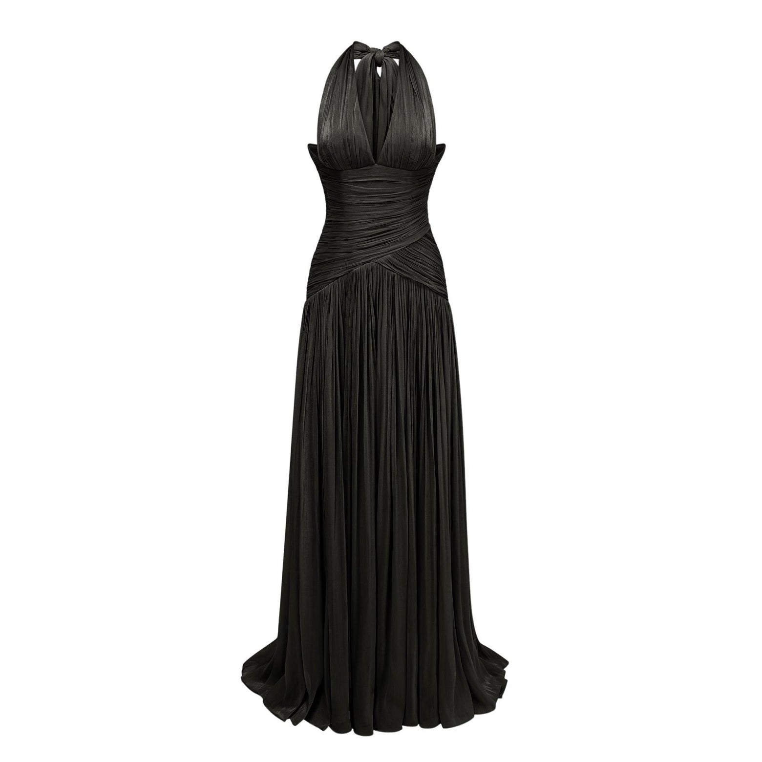Verdelune Halter Pleated Slit Maxi Dress