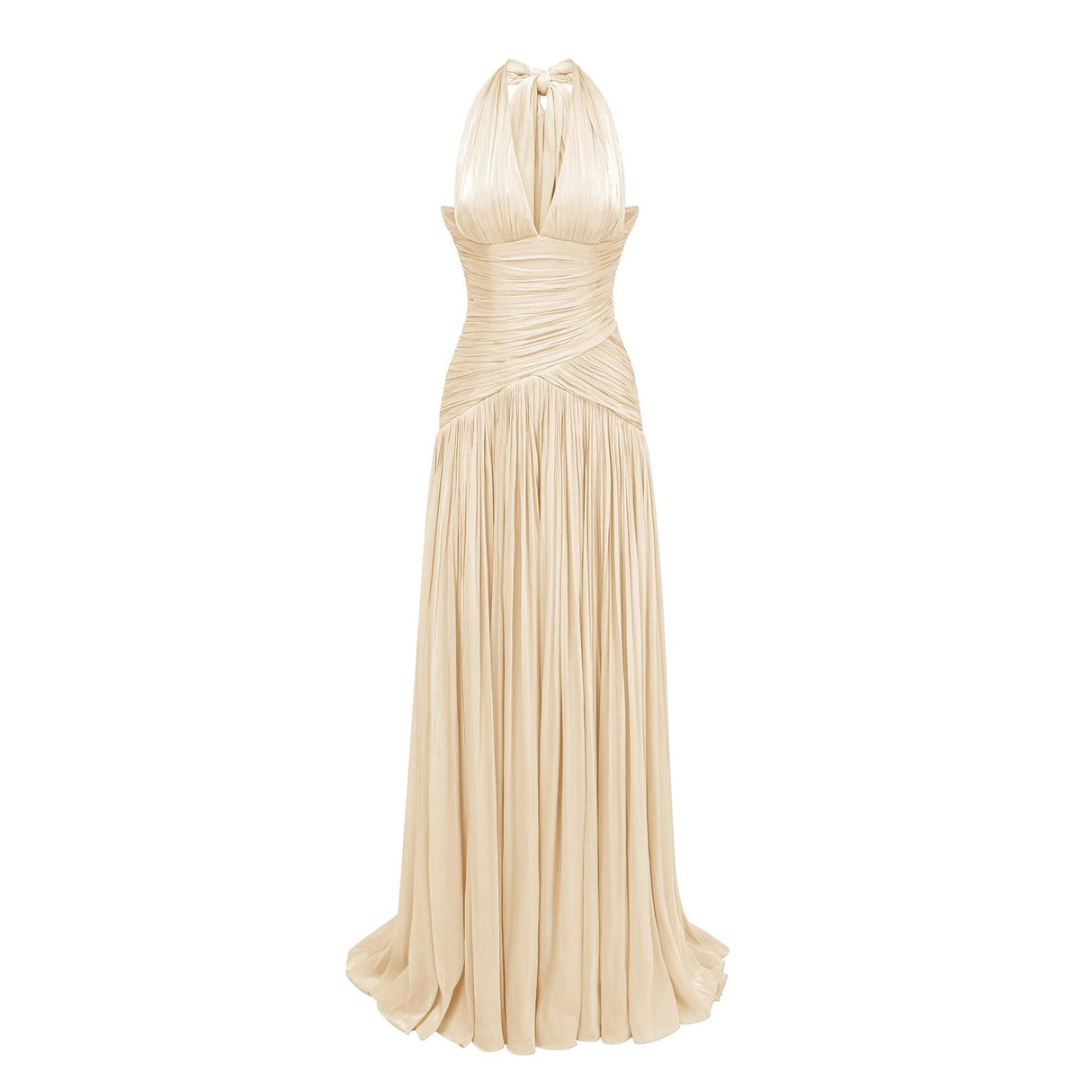 Verdelune Halter Pleated Slit Maxi Dress