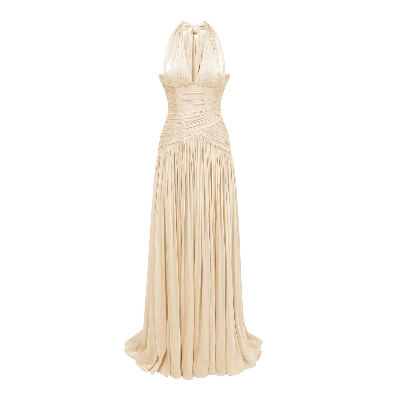 Verdelune Halter Pleated Slit Maxi Dress