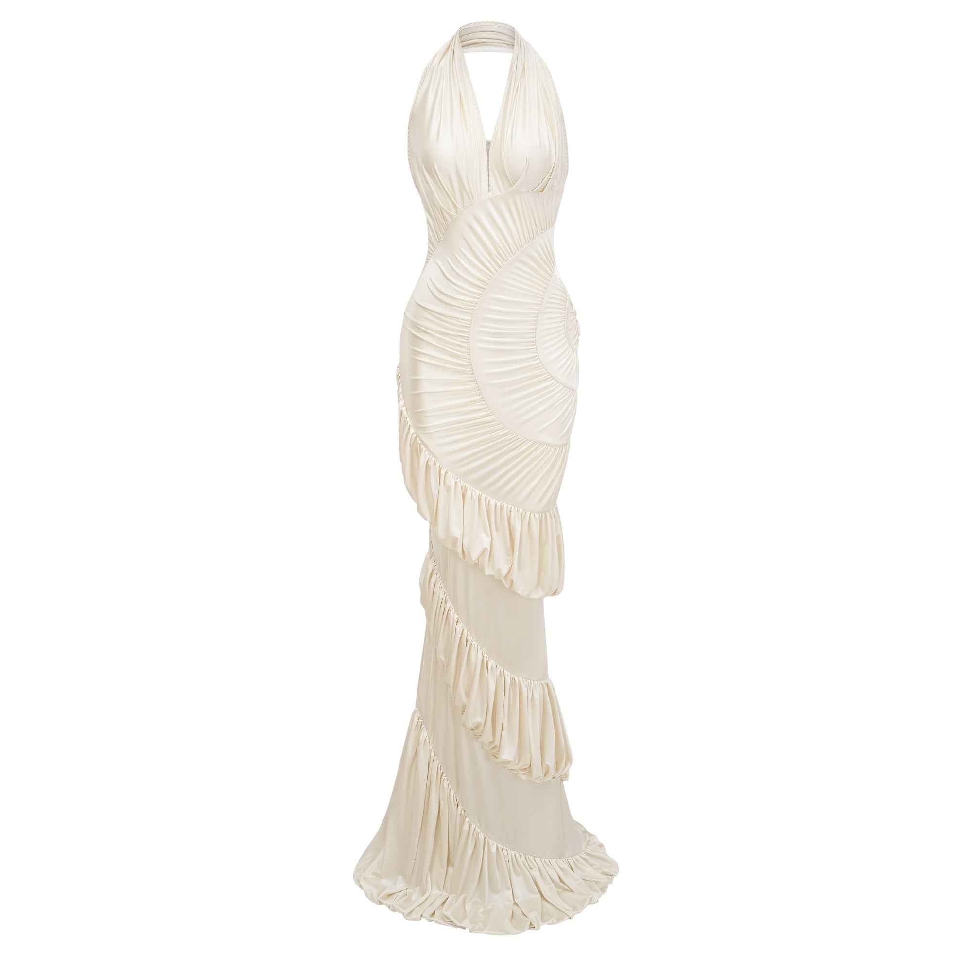 Illusion Halter Neck Pleated Maxi Dress