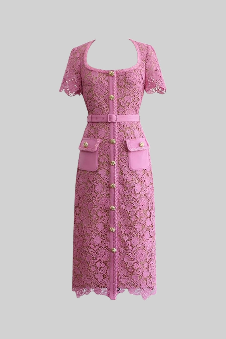 Exquisite Short Sleeve Lace Midi Dress - Rose - ICYBOO