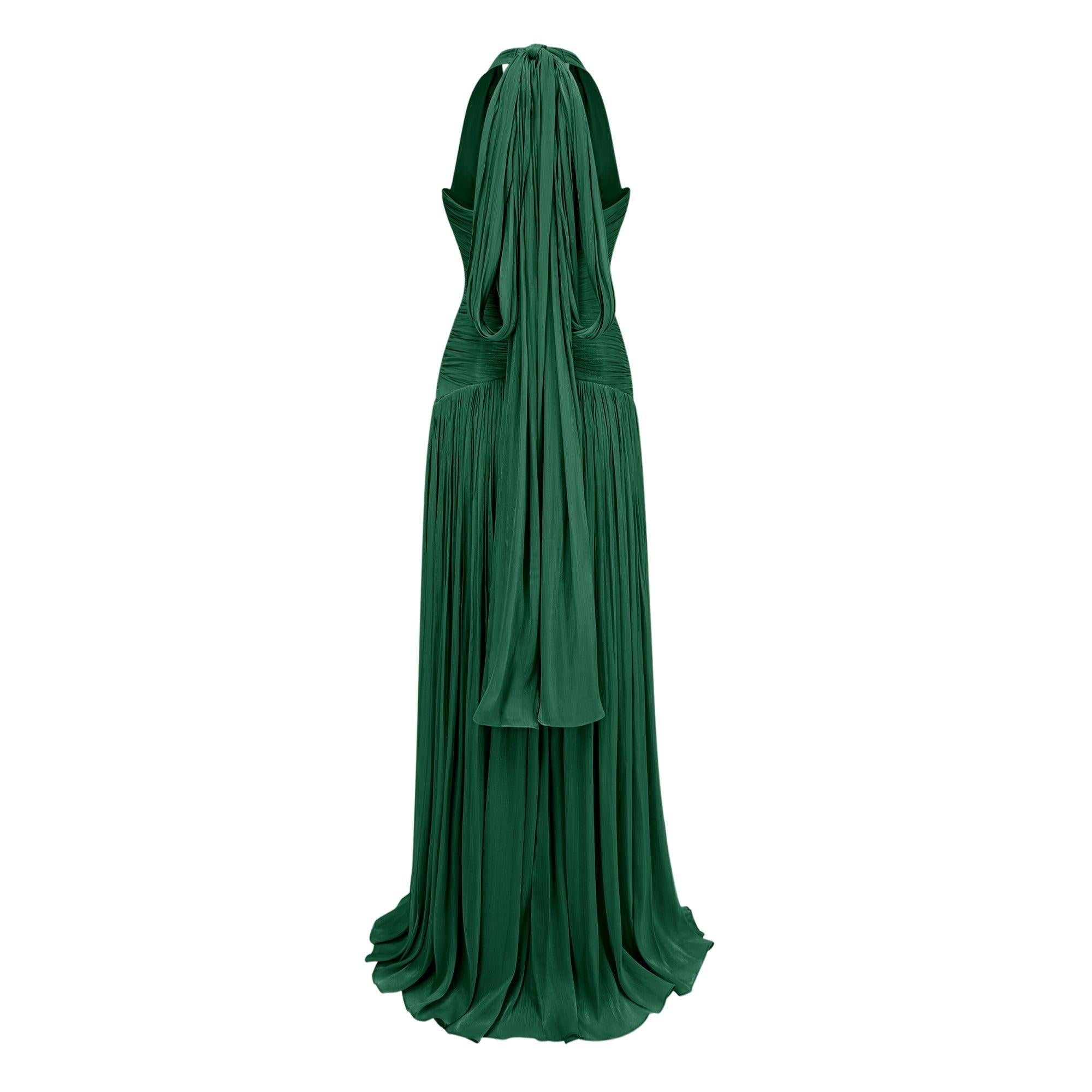 Verdelune Halter Pleated Slit Maxi Dress