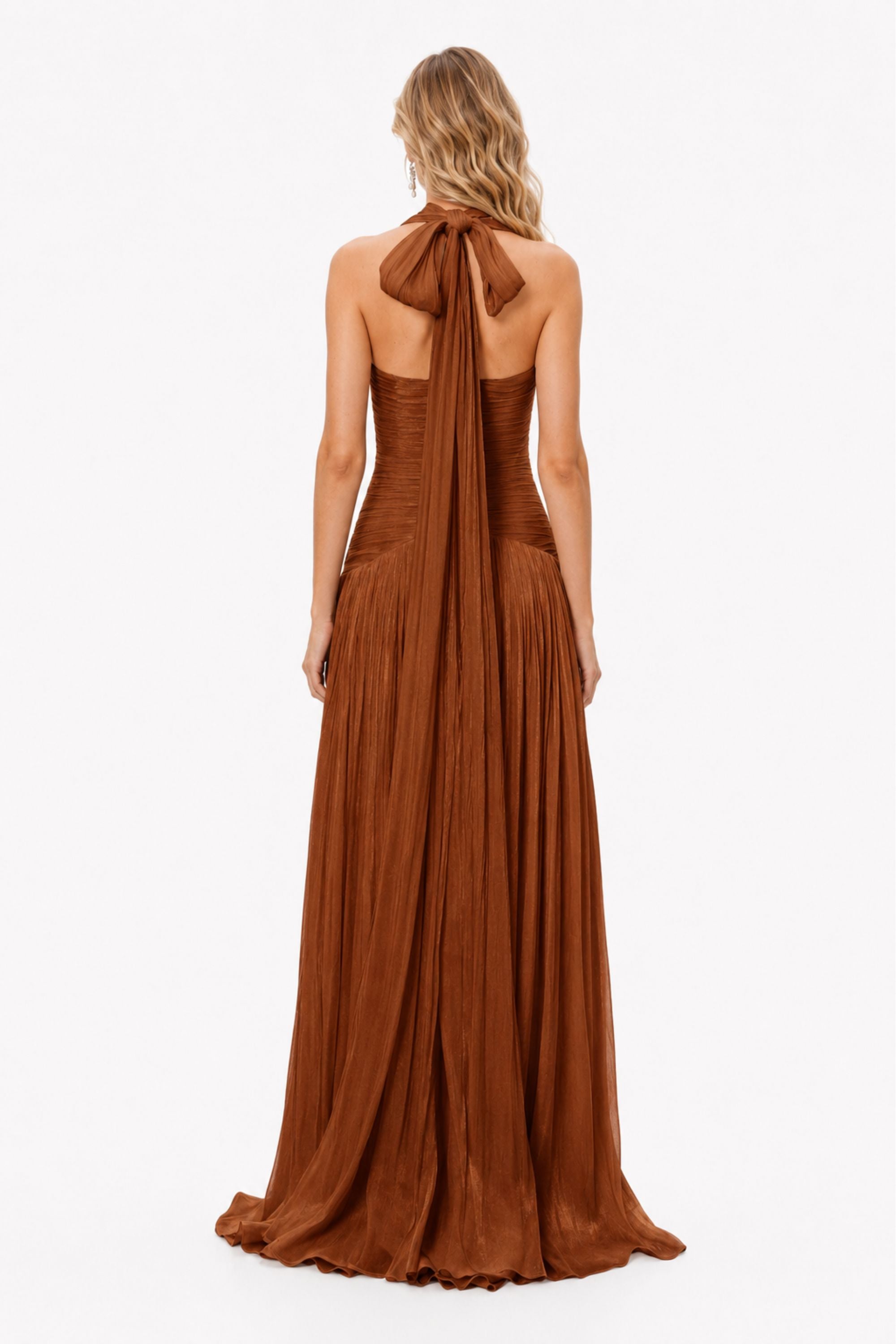 Verdelune Halter Pleated Slit Maxi Dress