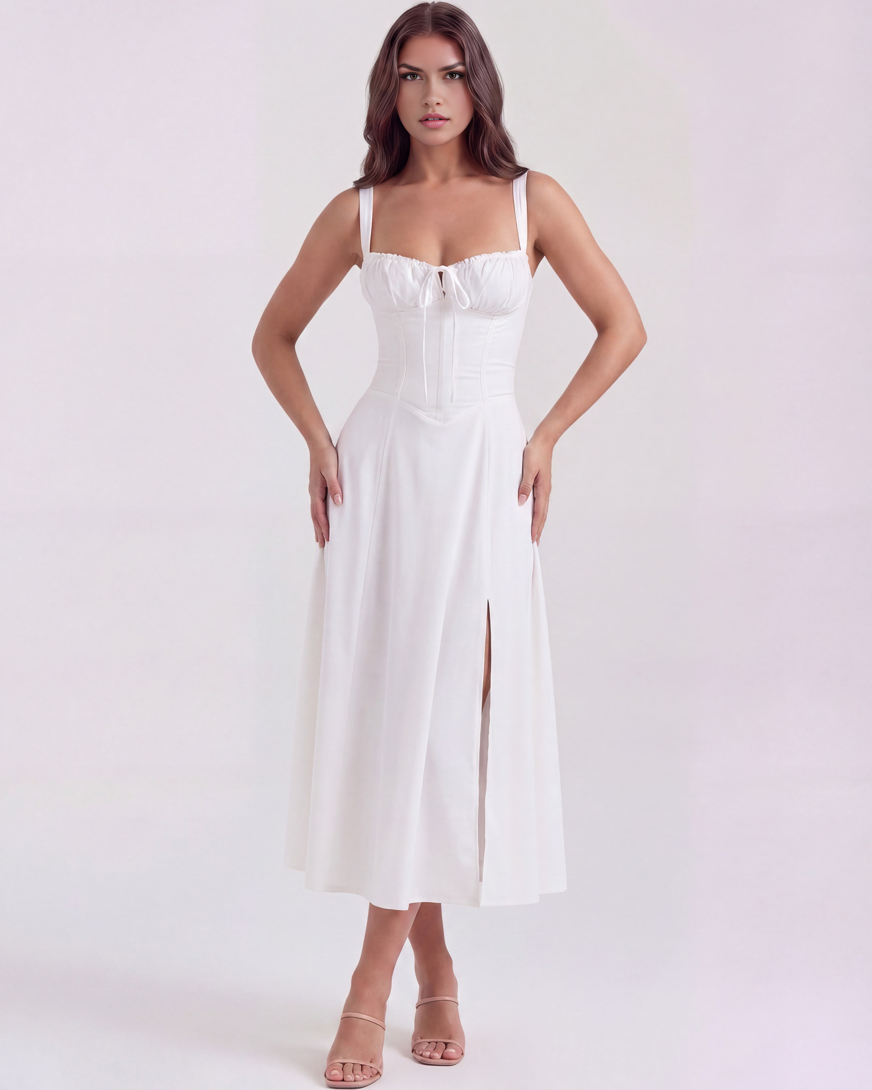 Aurora Corseted Ruched Maxi Summer Dress - White