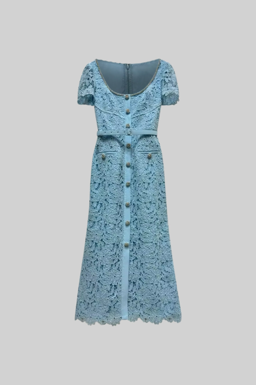 Delicate Azure Lace Midi Dress - Baby Blue - ICYBOO