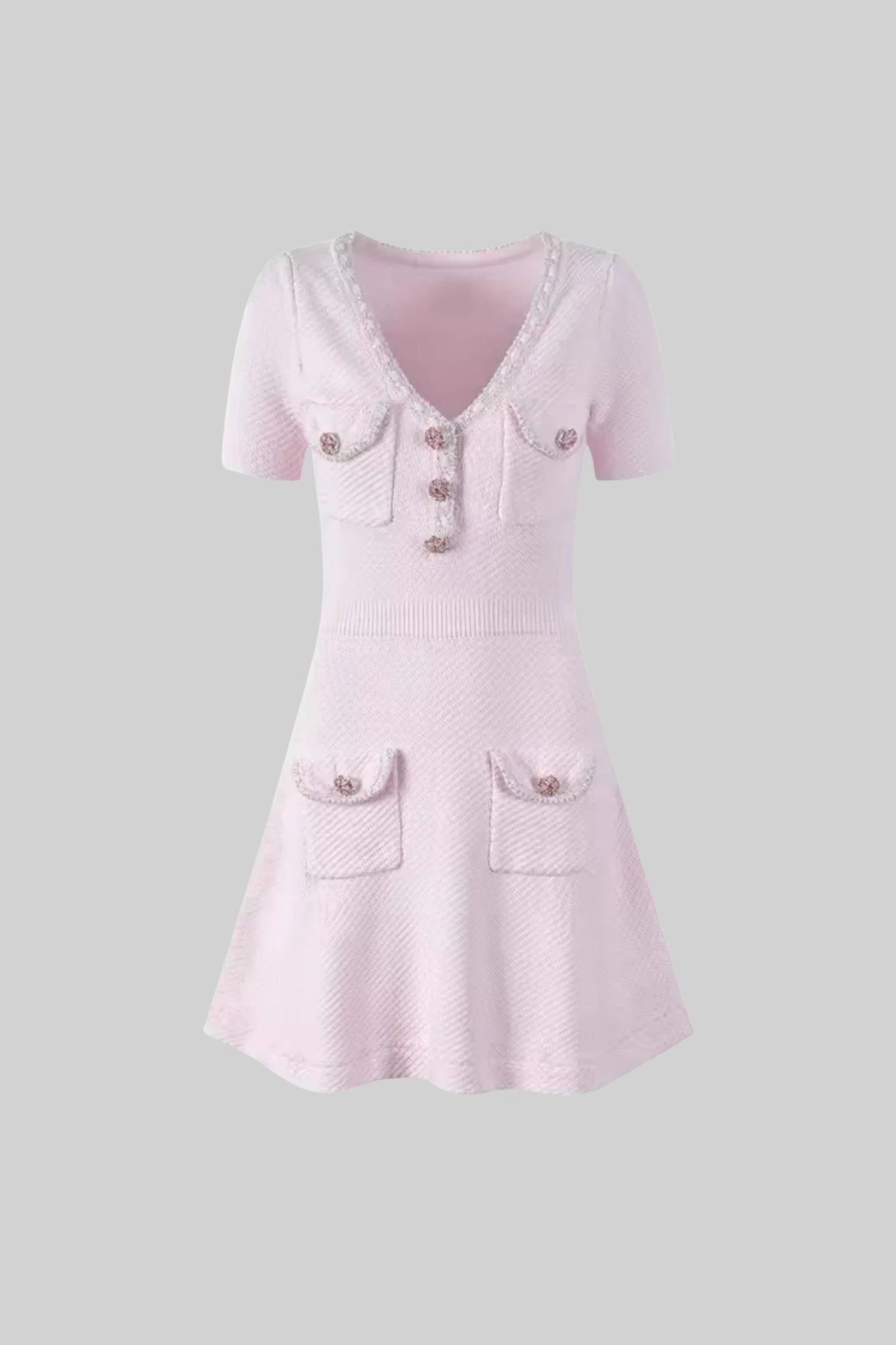 Textured Short Sleeve Mini Dress With V-Neckline And Jewel Buttons - Pink - ICYBOO
