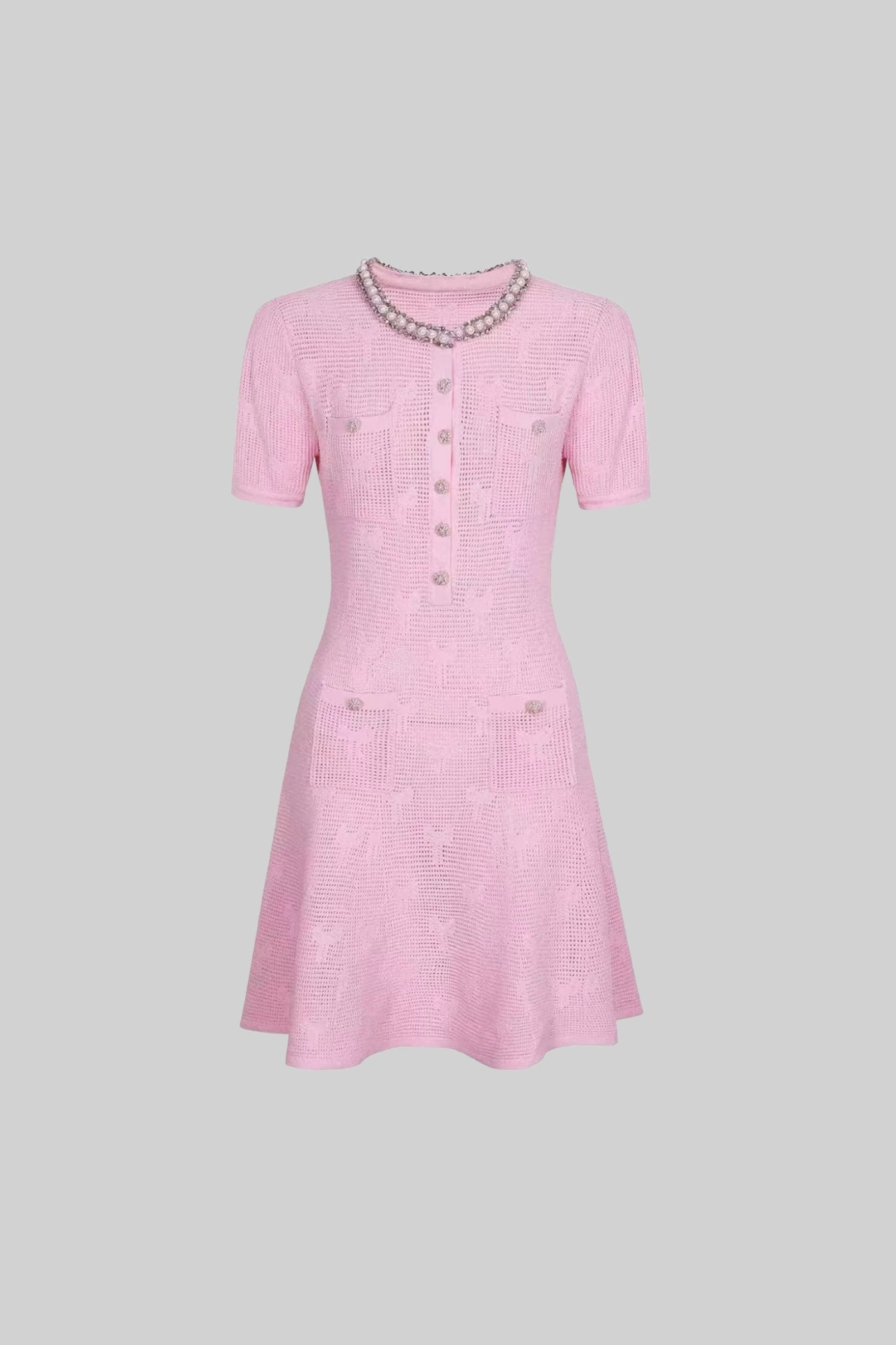Textured Short Sleeve Mini Dress With Pearl Trim Neckline And Crystal Buttons - Pink - ICYBOO