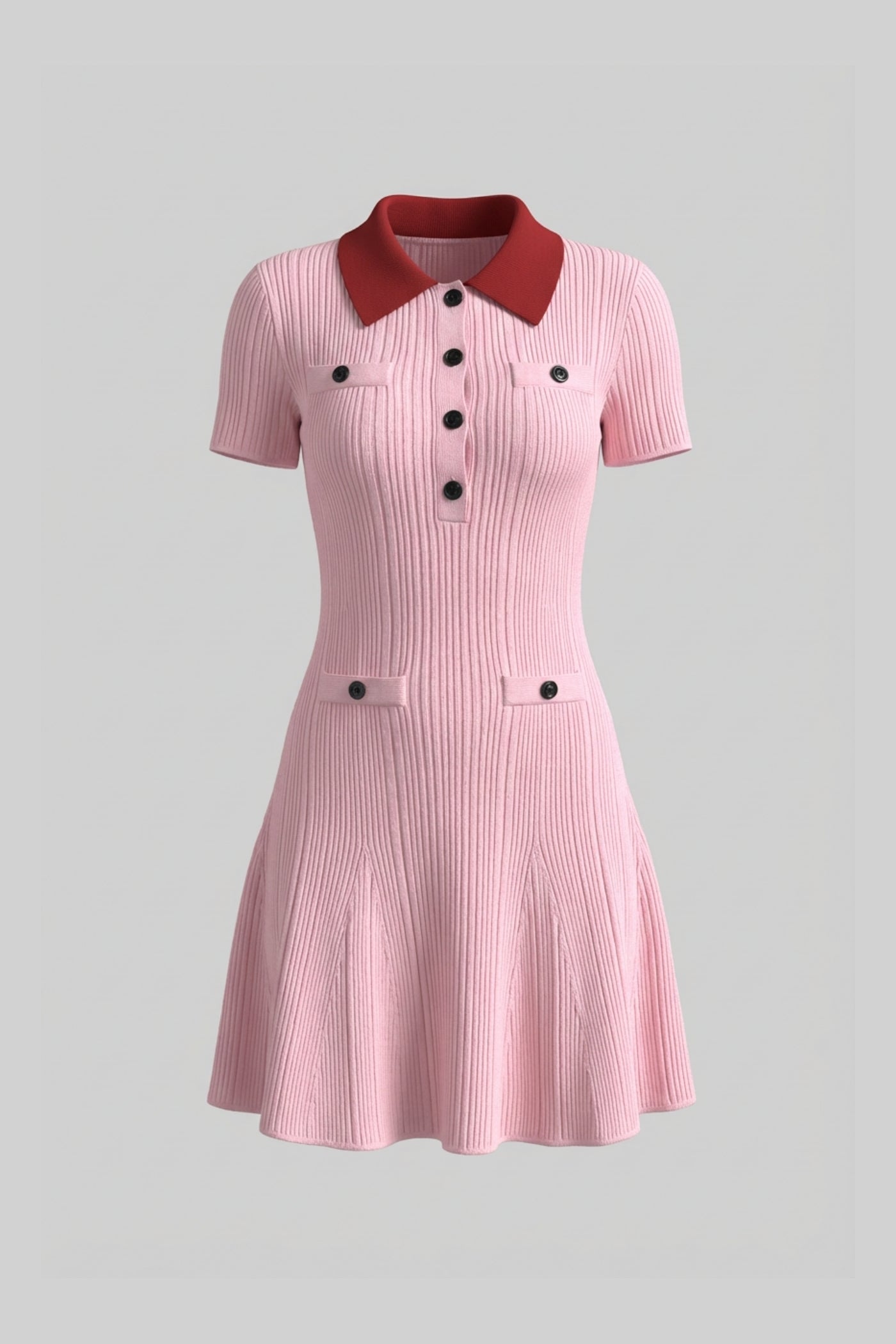 Ribbed Short Sleeve Mini Dress With Contrast Collar And Button Front Detail - Blush Pink - ICYBOO