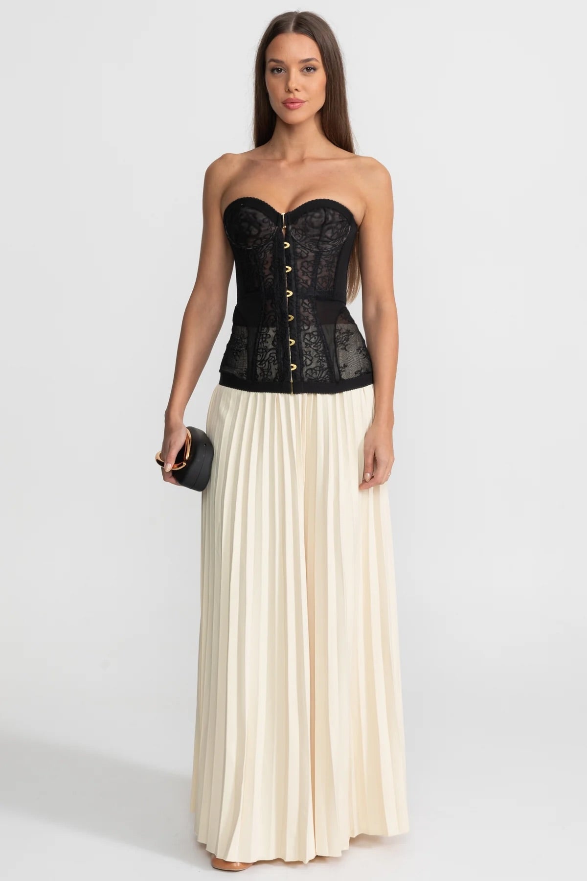Strapless Lace Corset Top with Boning and Front Closure - Black - ICYBOO