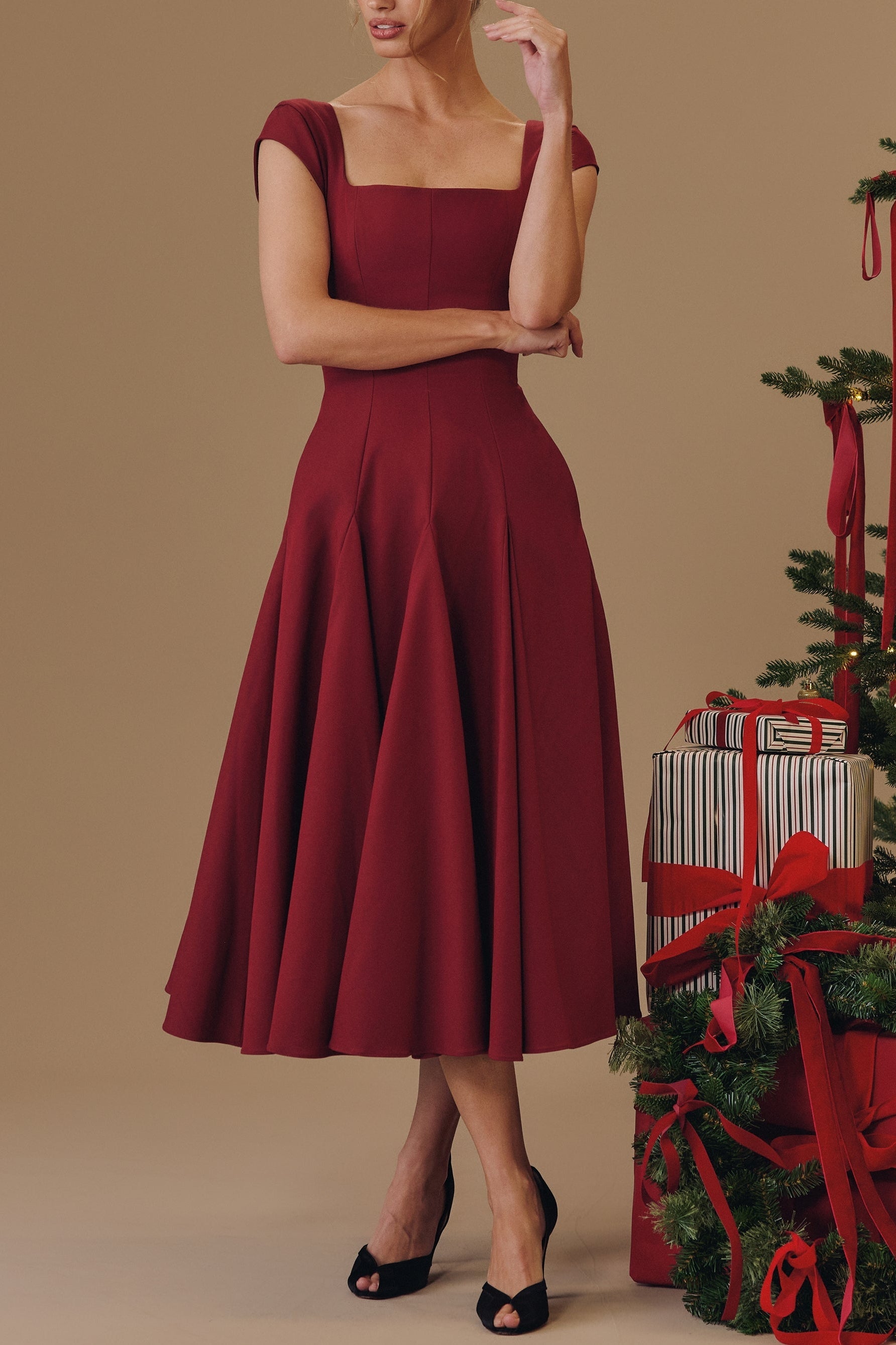 Elise Cap Sleeve Midi Dress in Maroon ICYBOO