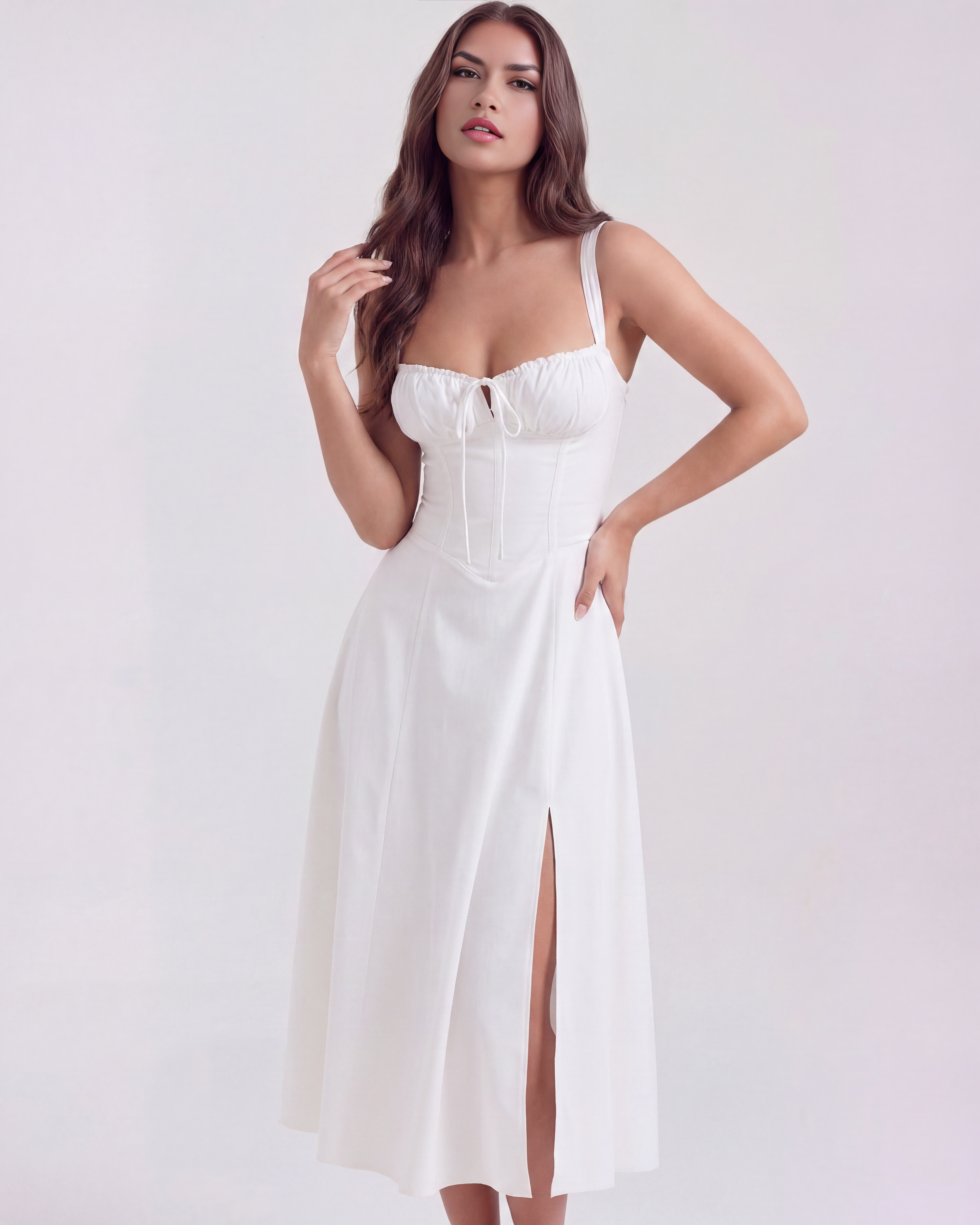 Aurora Corseted Ruched Maxi Summer Dress - White