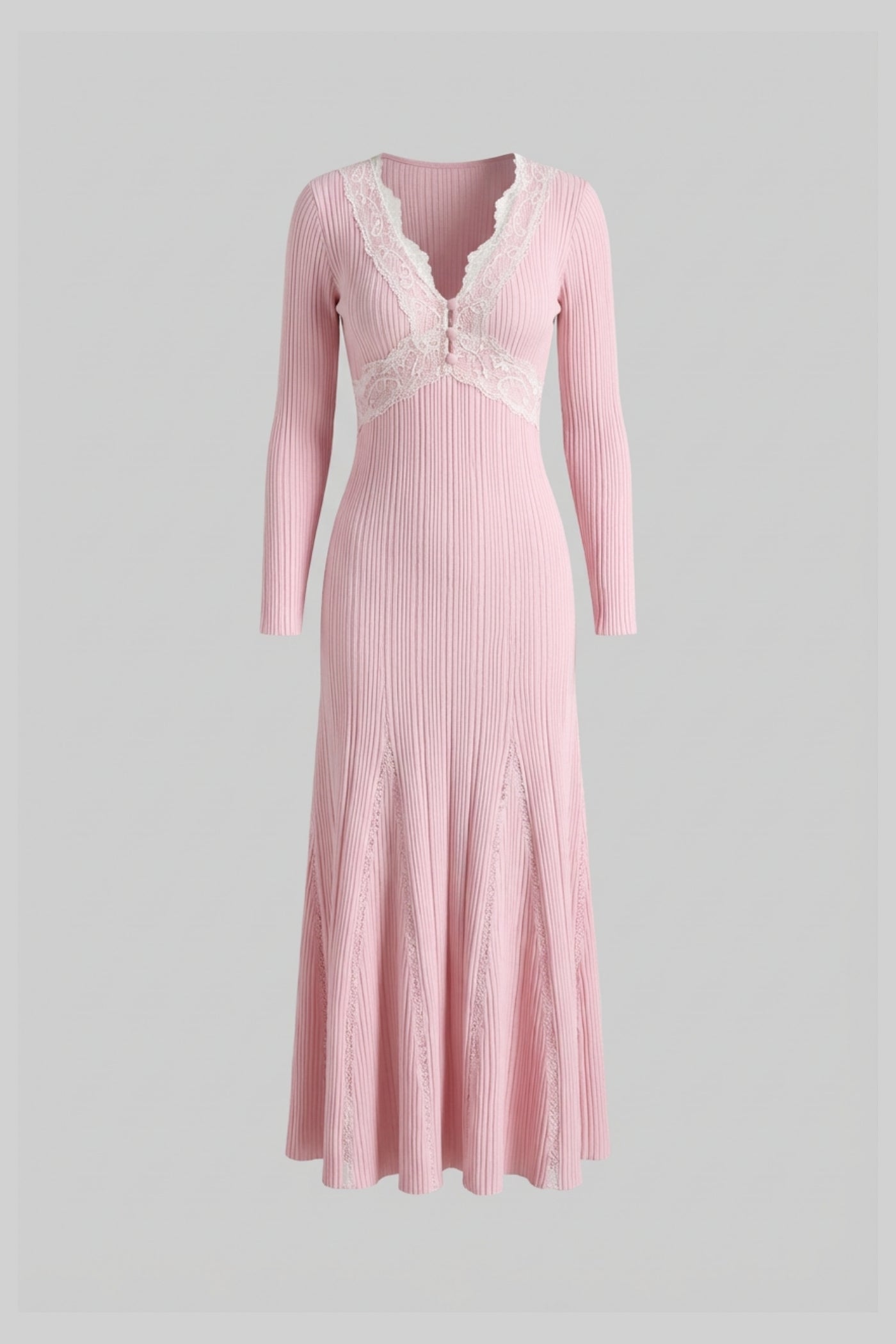 Ribbed Long Sleeve Midi Dress With Lace-Trim V-Neckline - Baby Pink - ICYBOO