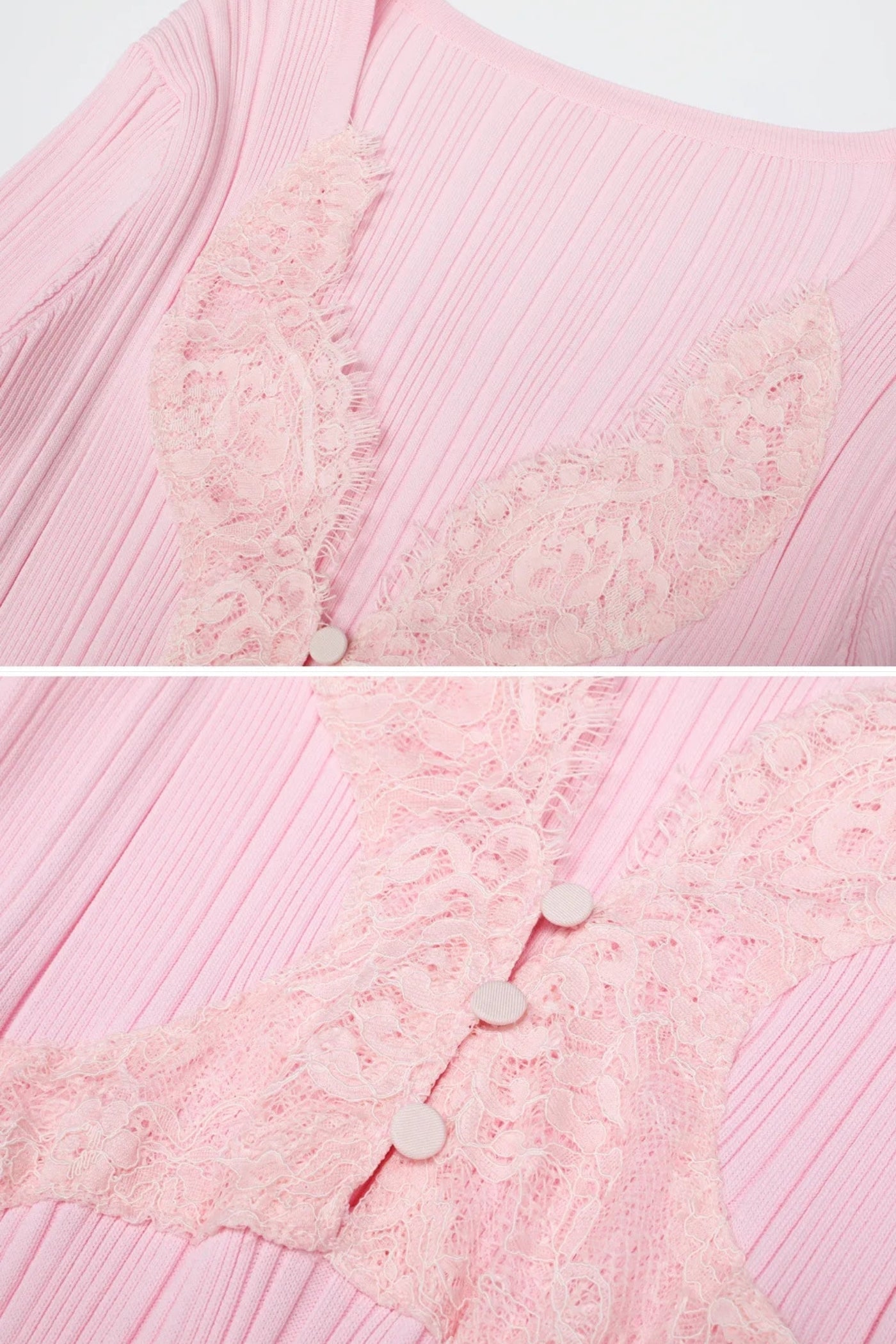 Ribbed Long Sleeve Midi Dress With Lace-Trim V-Neckline - Baby Pink - ICYBOO