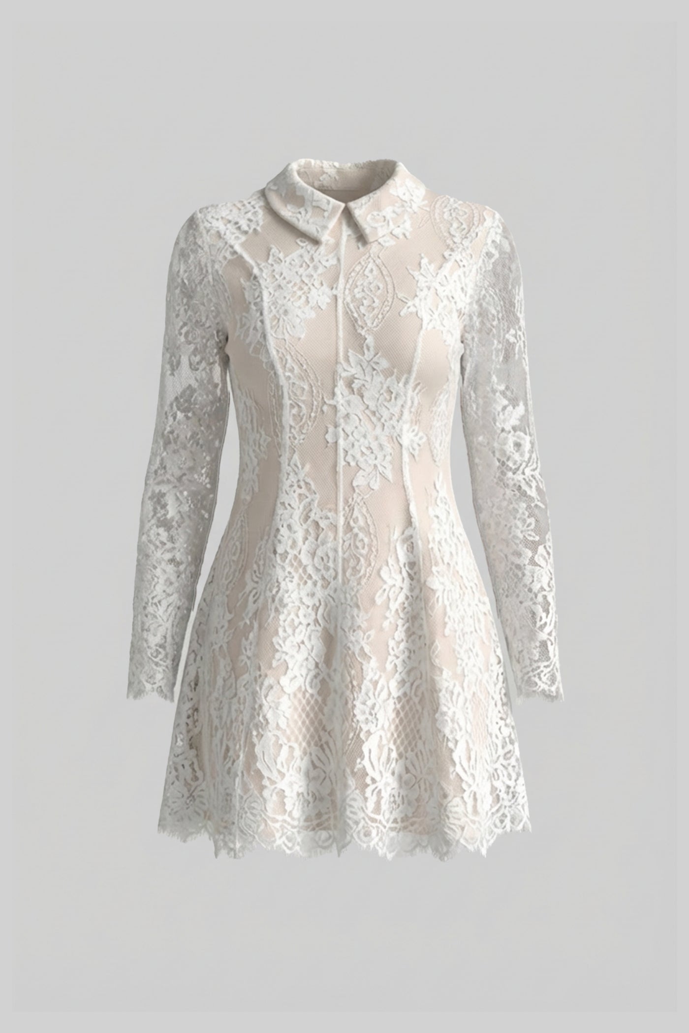 Long Sleeve Lace Mini Dress With Collared Neckline With Sheer Overlay - Ivoire - ICYBOO