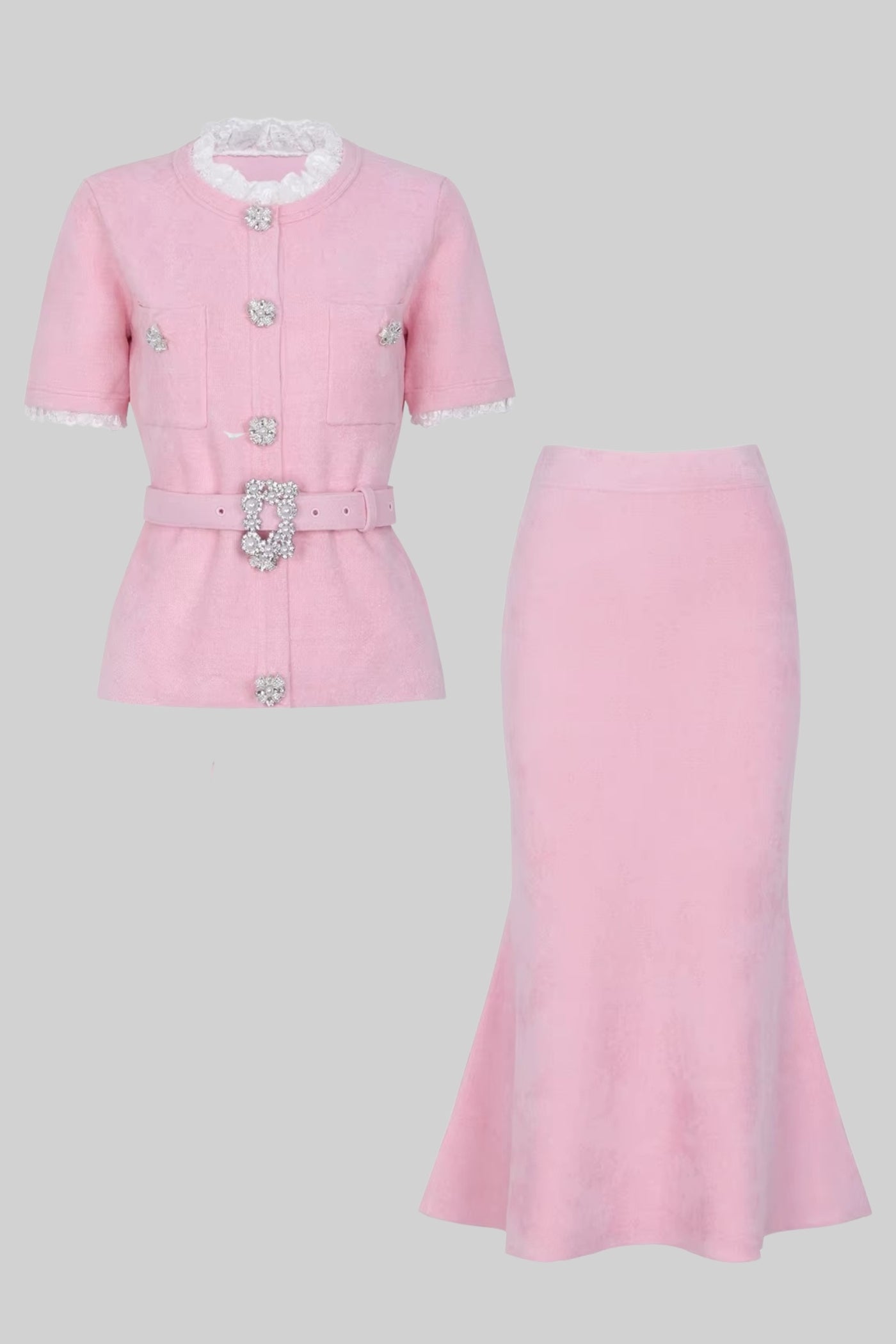 Short Sleeve Co-Ord With Peplum Waist And Crystal Button Belt - Blush Pink - ICYBOO