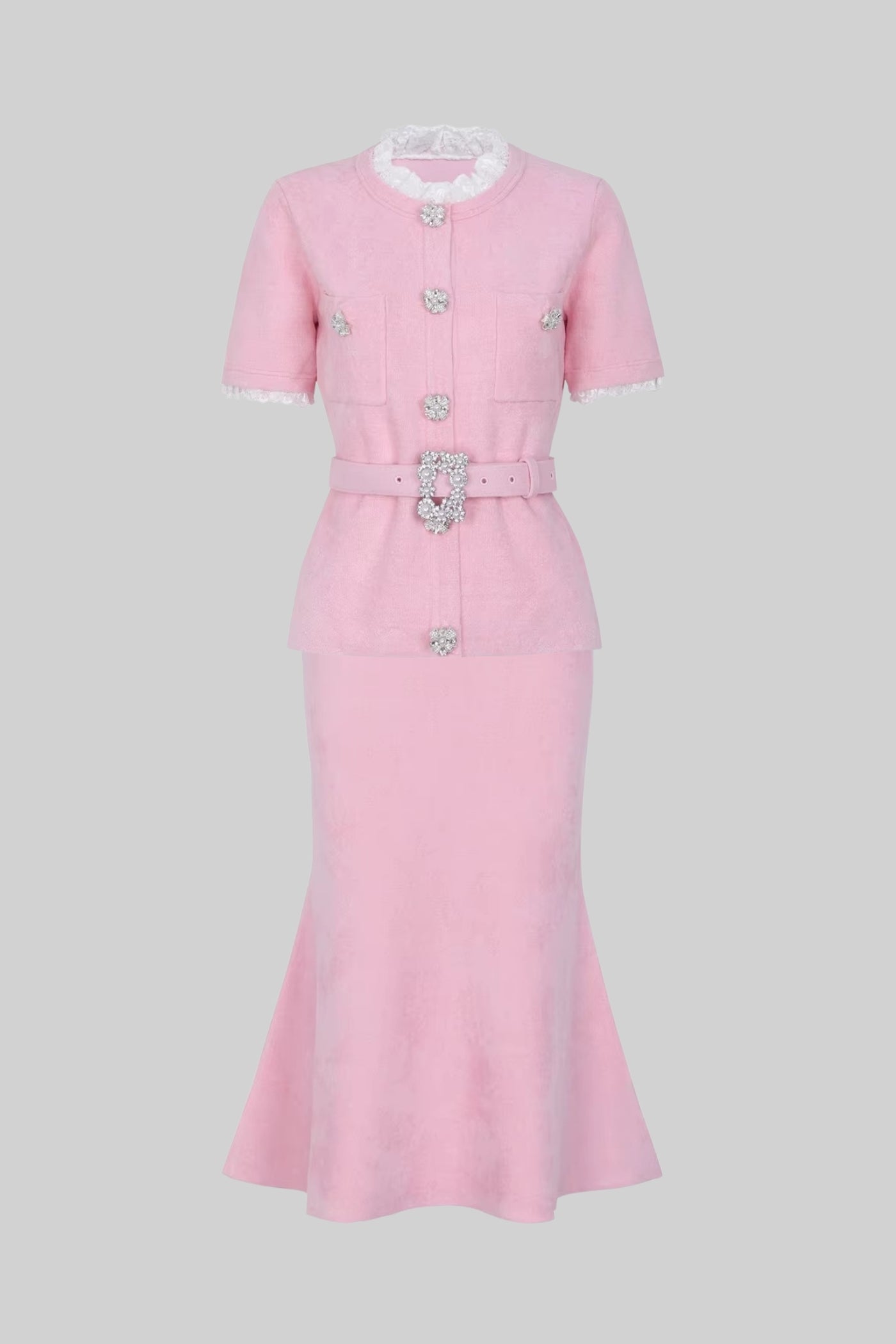 Short Sleeve Co-Ord With Peplum Waist And Crystal Button Belt - Blush Pink - ICYBOO