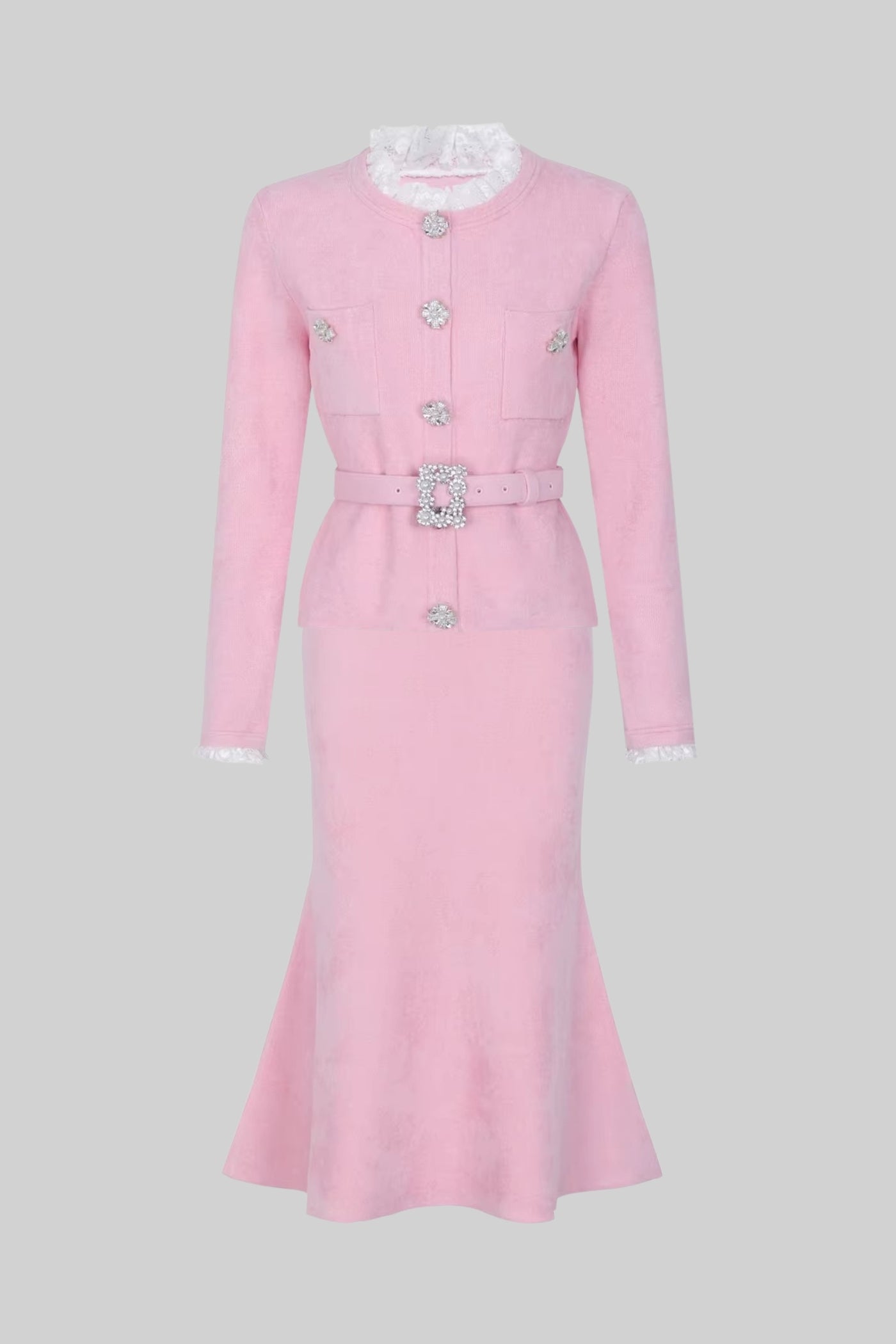 Long Sleeve Co-Ord With Fitted Knit Bodice And Crystal Button Detail - Blush Pink - ICYBOO