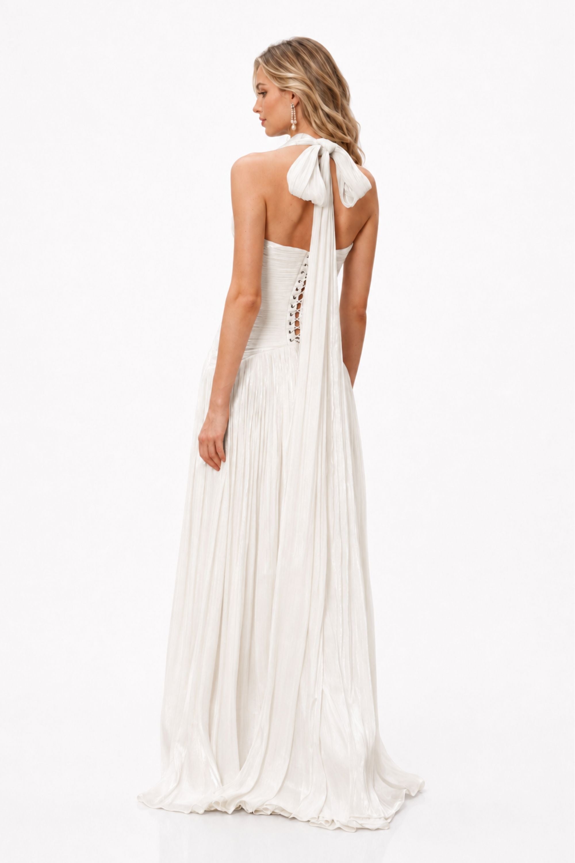 Verdelune Halter Pleated Slit Maxi Dress