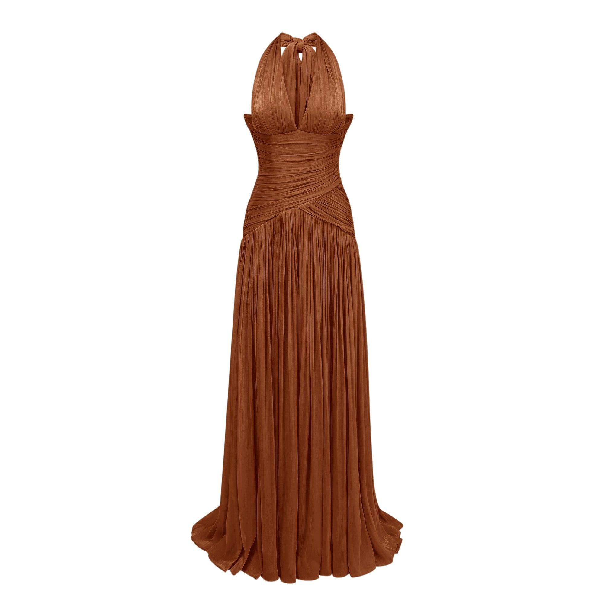 Verdelune Halter Pleated Slit Maxi Dress