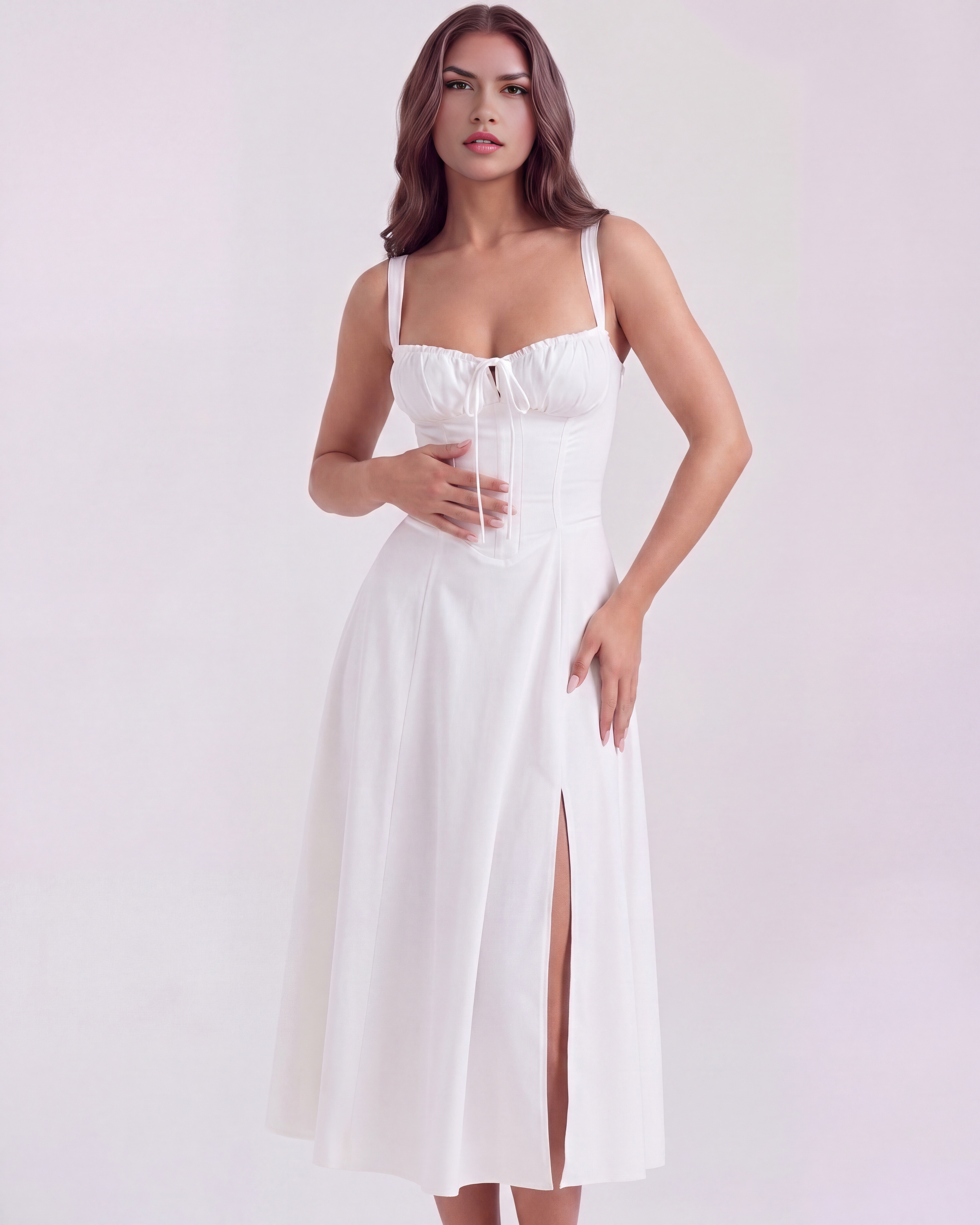 Aurora Corseted Ruched Maxi Summer Dress - White