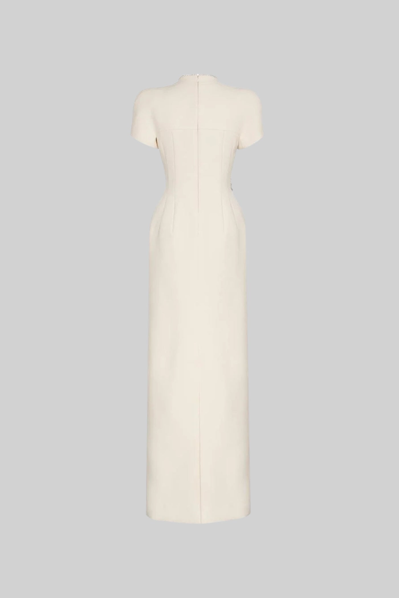 Short Sleeve Midi Dress With High Split Neckline And Sparkling Embellishments - Ivoire - ICYBOO