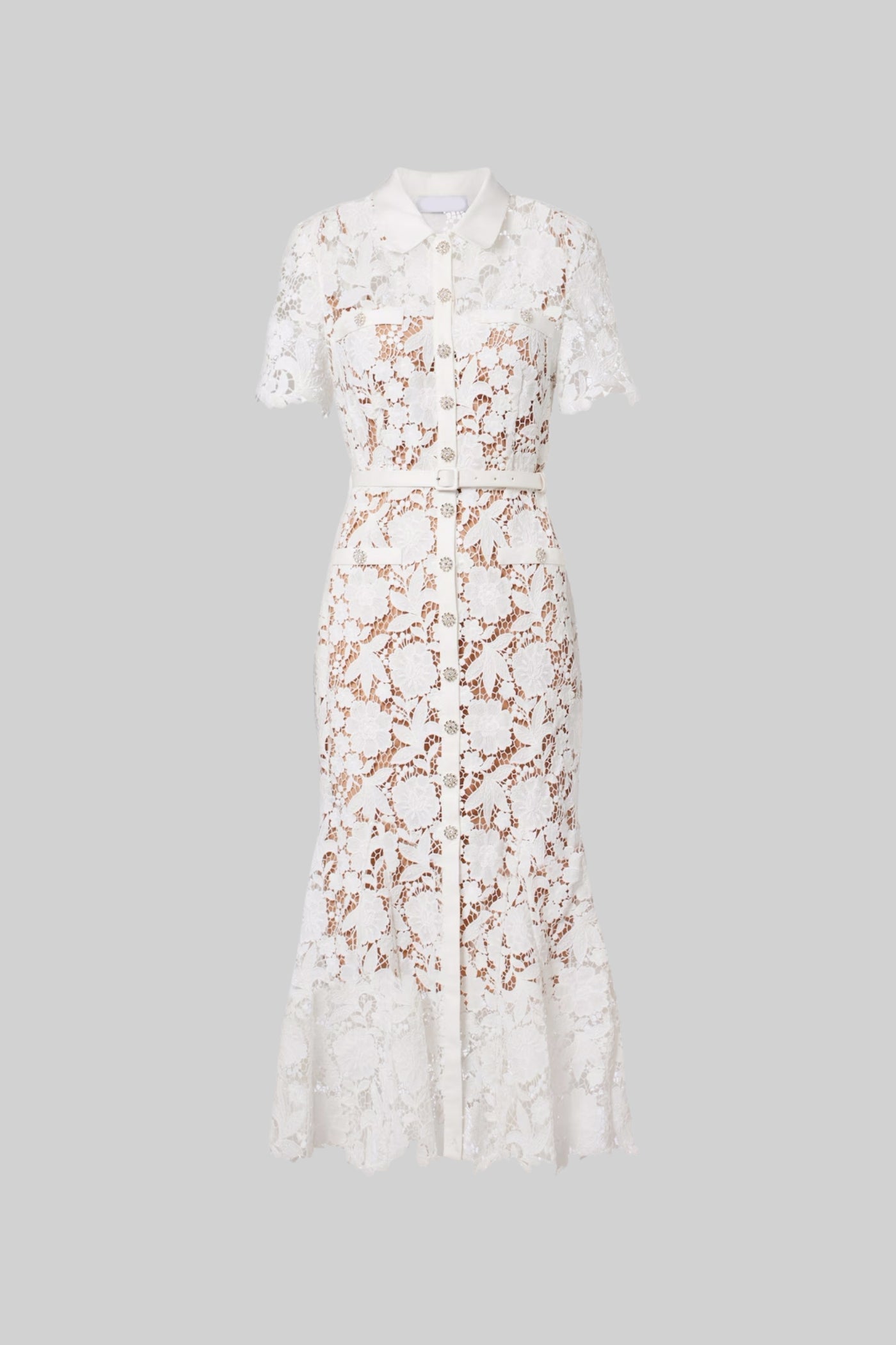Lace Short Sleeve Midi Dress With Collared Neckline And Belted Waist - White - ICYBOO