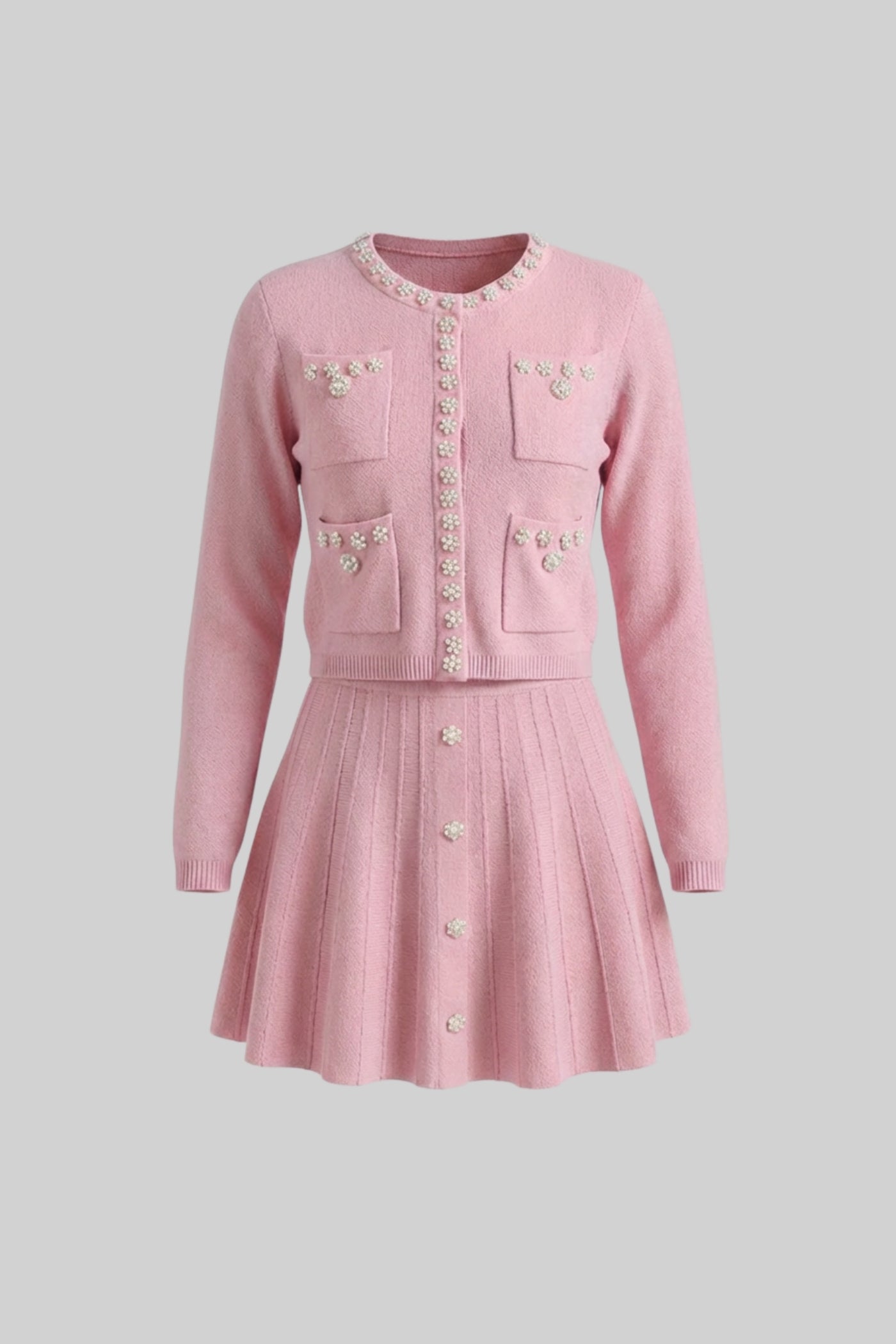 Knit Co-Ord Set With Long Sleeve Cardigan And Matching Mini Skirt - Blush Pink - ICYBOO