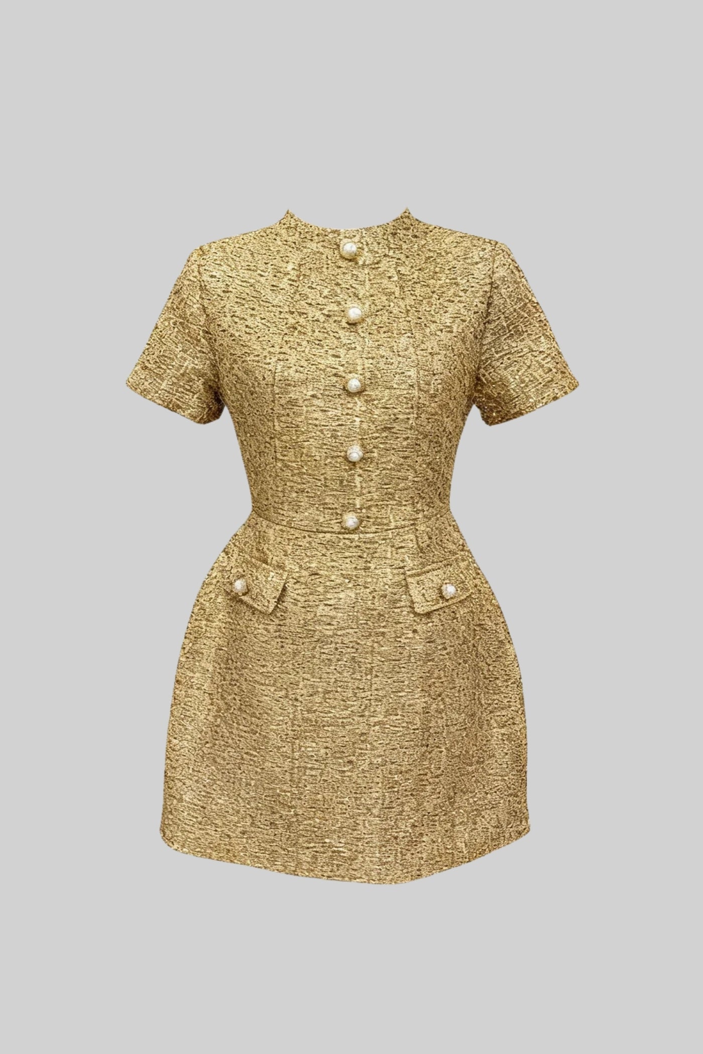 Tweed Mini Dress With Round Neckline And Pearl Button Detail - Gold - ICYBOO