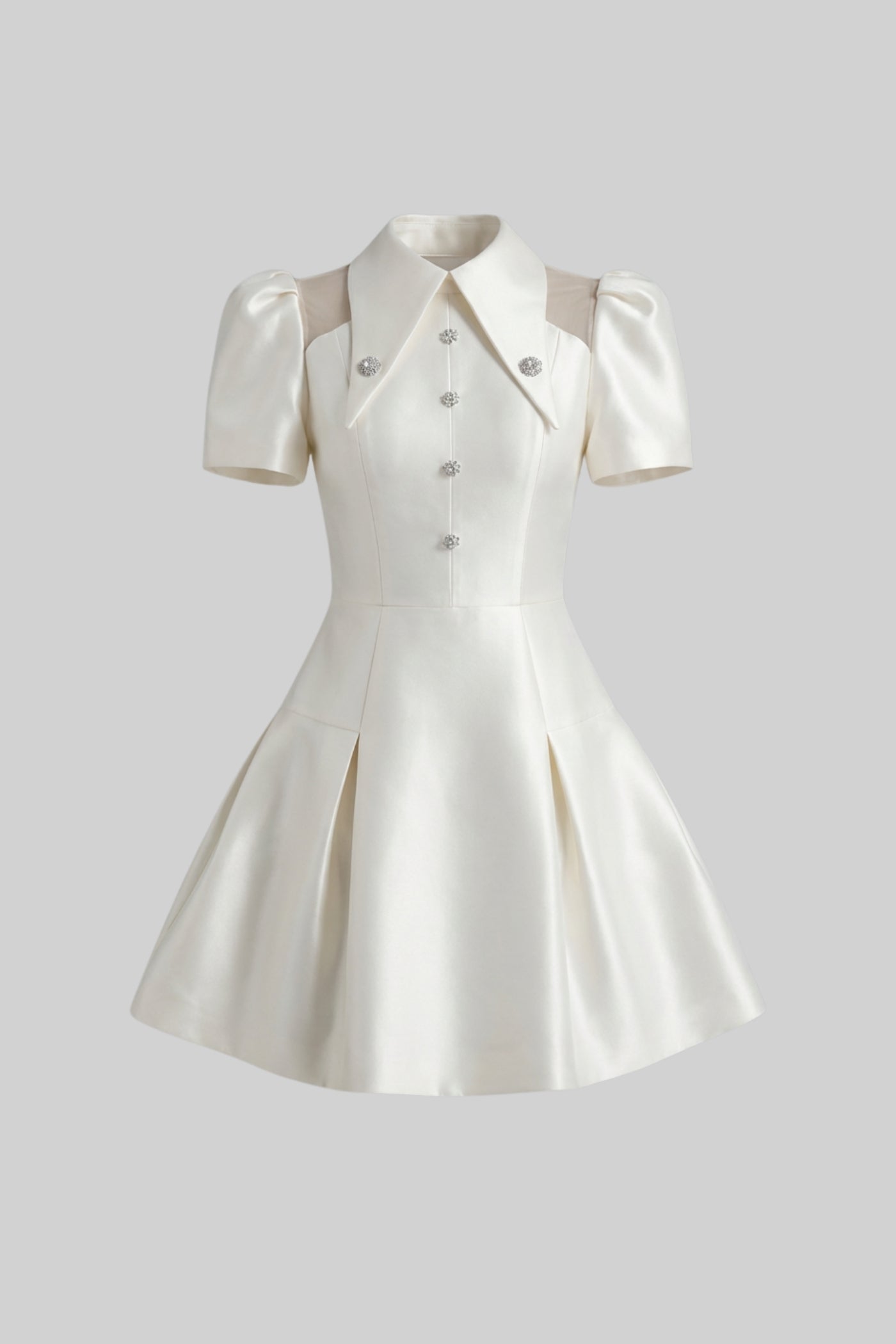 Puff Sleeve Mini Dress With Pointed Collar And Crystal Button Front - Ivoire - ICYBOO