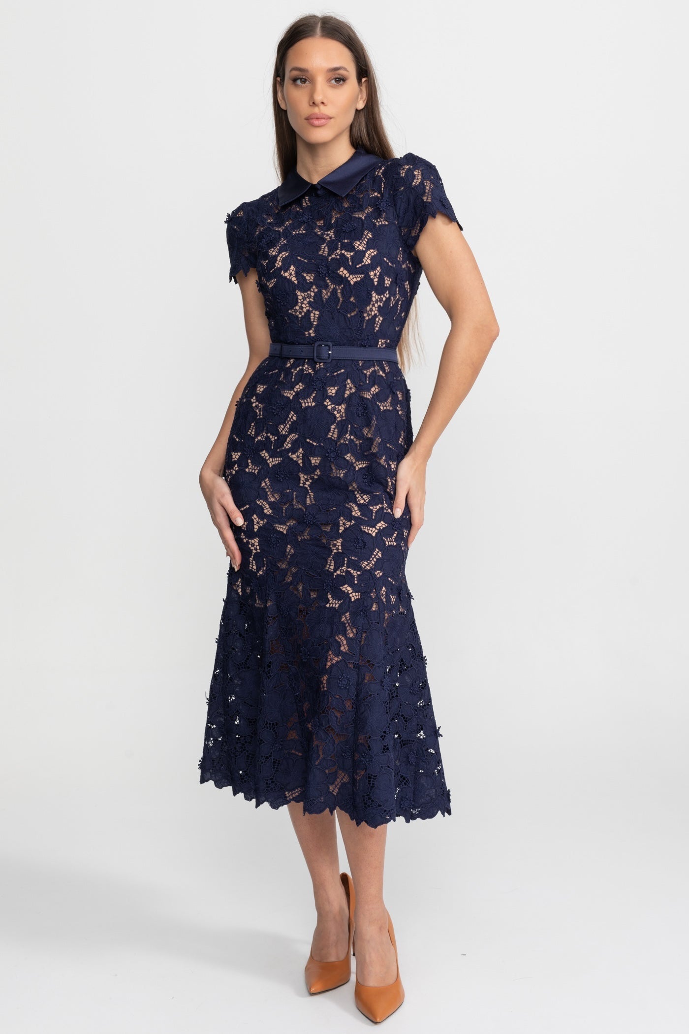 Lace Midi Dress with Belted Waist and Collared Neckline – Navy - ICYBOO